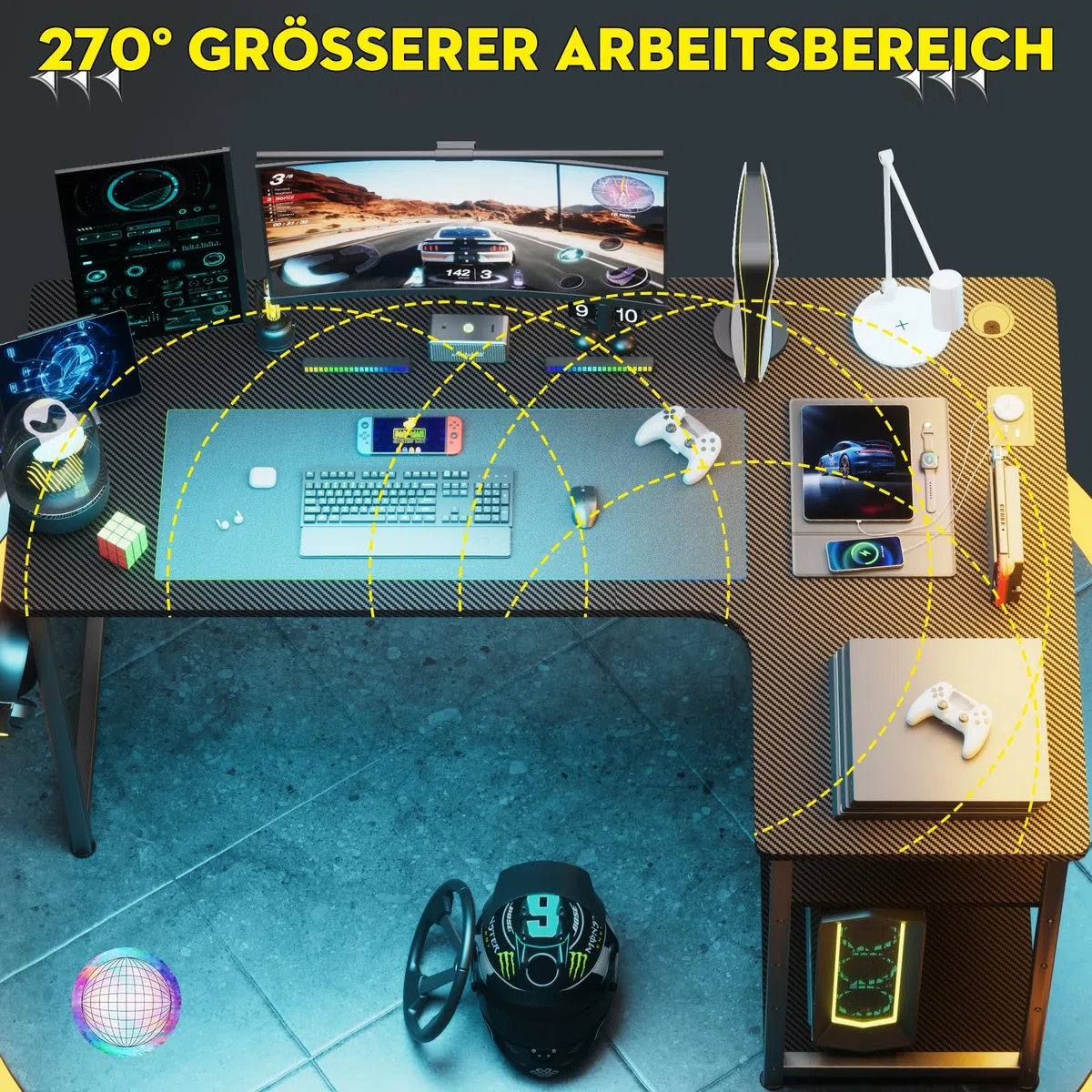 COMHOMA Gaming Tisch mit Steckdose 120 x 80cm Schreibtisch, Eckschreibtisch mit USB-Ladeanschluss und Regal, Computertisch L Form, PC Tisch für Büro, Heimbüro