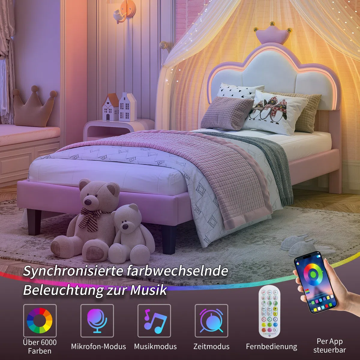 Polsterbett Einzelbett 90x200 cm Kinderbett mit LED Beleuchtung App-Steuerung Krone-Design Samt Rosa Weiß