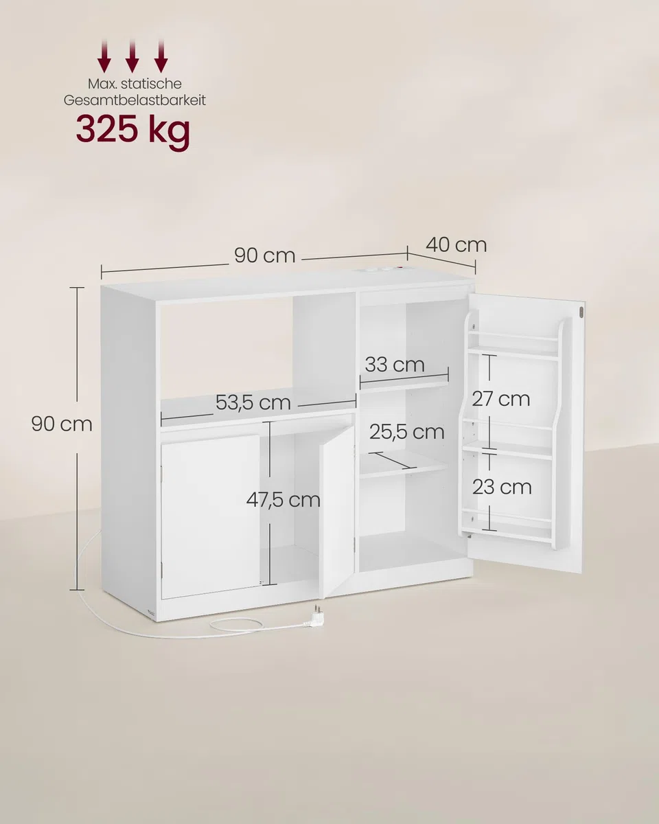 VASAGLE Custos Kollektion - Küchenschrank, Aufbewahrungsschrank, Sideboard mit Arbeitsplatte, Mikrowellenregal, mit 1 offenem Fach, 3 Türen, verstellbaren Ablagen, wolkenweiß BBK373WB01