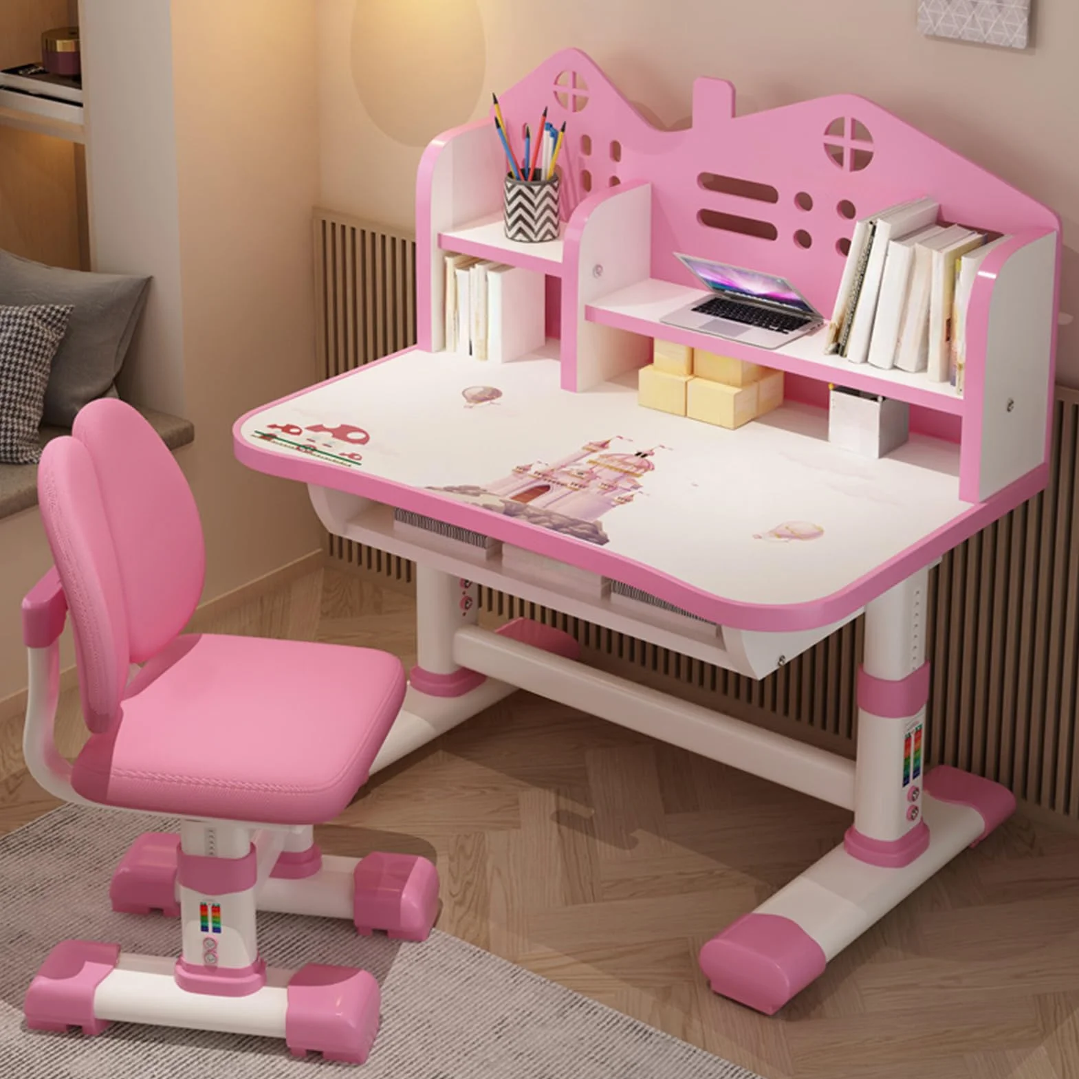 Reheyre Schreibtisch- und Stuhl-Set für Kinder, rosa Schreibtisch-Set mit verstellbarer Höhe, Schubladen und Stauraum, Cartoon-Muster, Lerntische und Stühle für Kinder, Mädchen (Rosa), 3712398