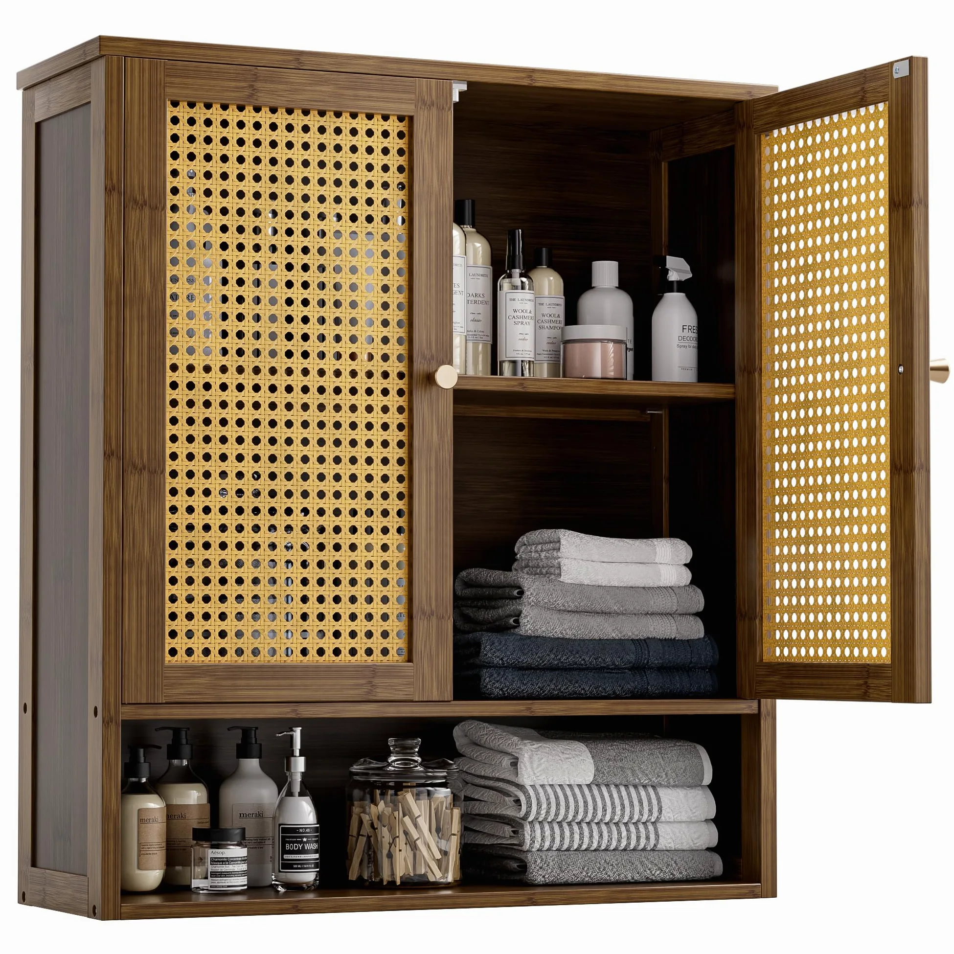 Badezimmer-Wandschrank, Bambus-Aufbewahrungsorganisator über der Toilette mit 2 Rattantüren und verstellbarem Regal, platzsparender Medikamentenschrank für Wäsche, Küche, Wohnzimmer (Walnuss)