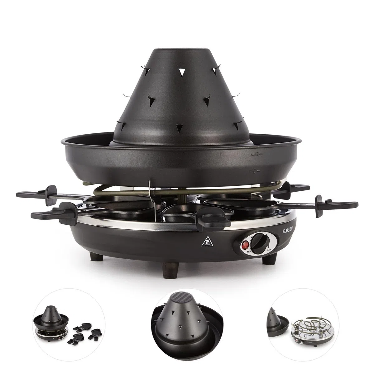 Klarstein Taste Volcano - Raclette, Tischgrill, Elektrogrill, Tartarenhut, 1500 Watt, stufenlos regelbar, Grillen, Überbacken, Grillpfännchen, für 6 Personen, Antihaftbeschichtung, schwarz