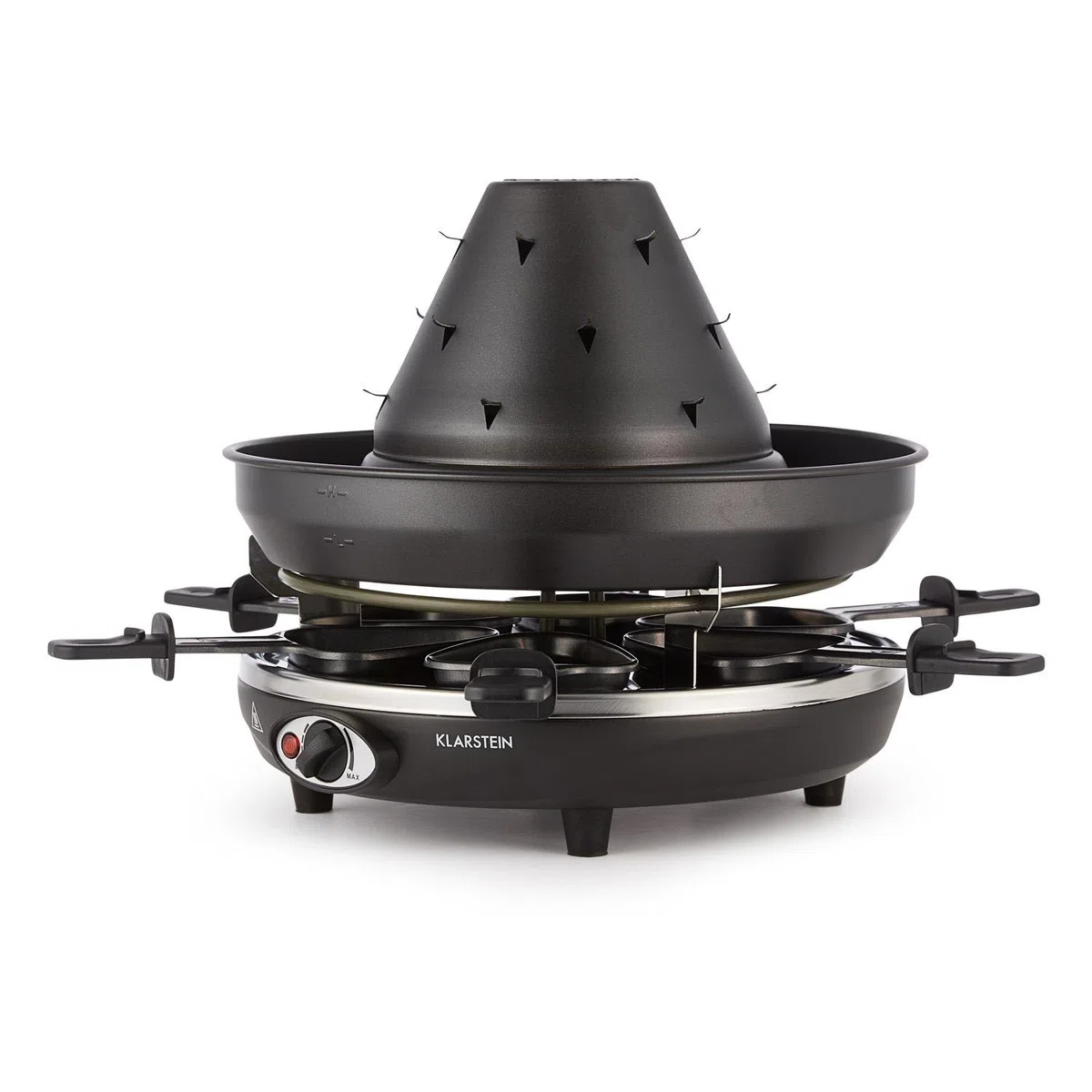 Klarstein Taste Volcano - Raclette, Tischgrill, Elektrogrill, Tartarenhut, 1500 Watt, stufenlos regelbar, Grillen, Überbacken, Grillpfännchen, für 6 Personen, Antihaftbeschichtung, schwarz