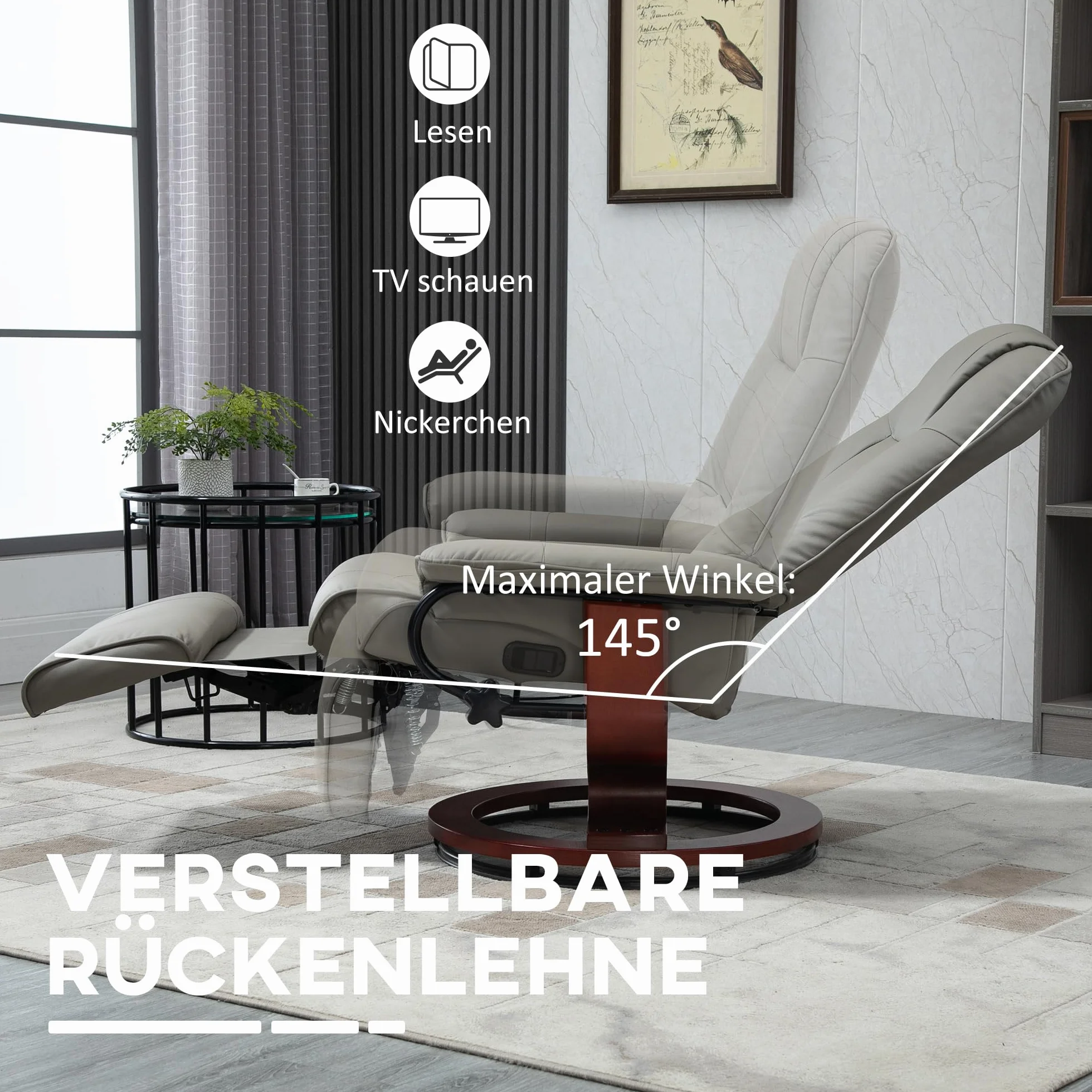 HOMCOM Relaxsessel mit Liegefunktion 360° Drehbar Fernsehsessel Verstellbare Rückenlehne Fußstütze Kunstleder Grau