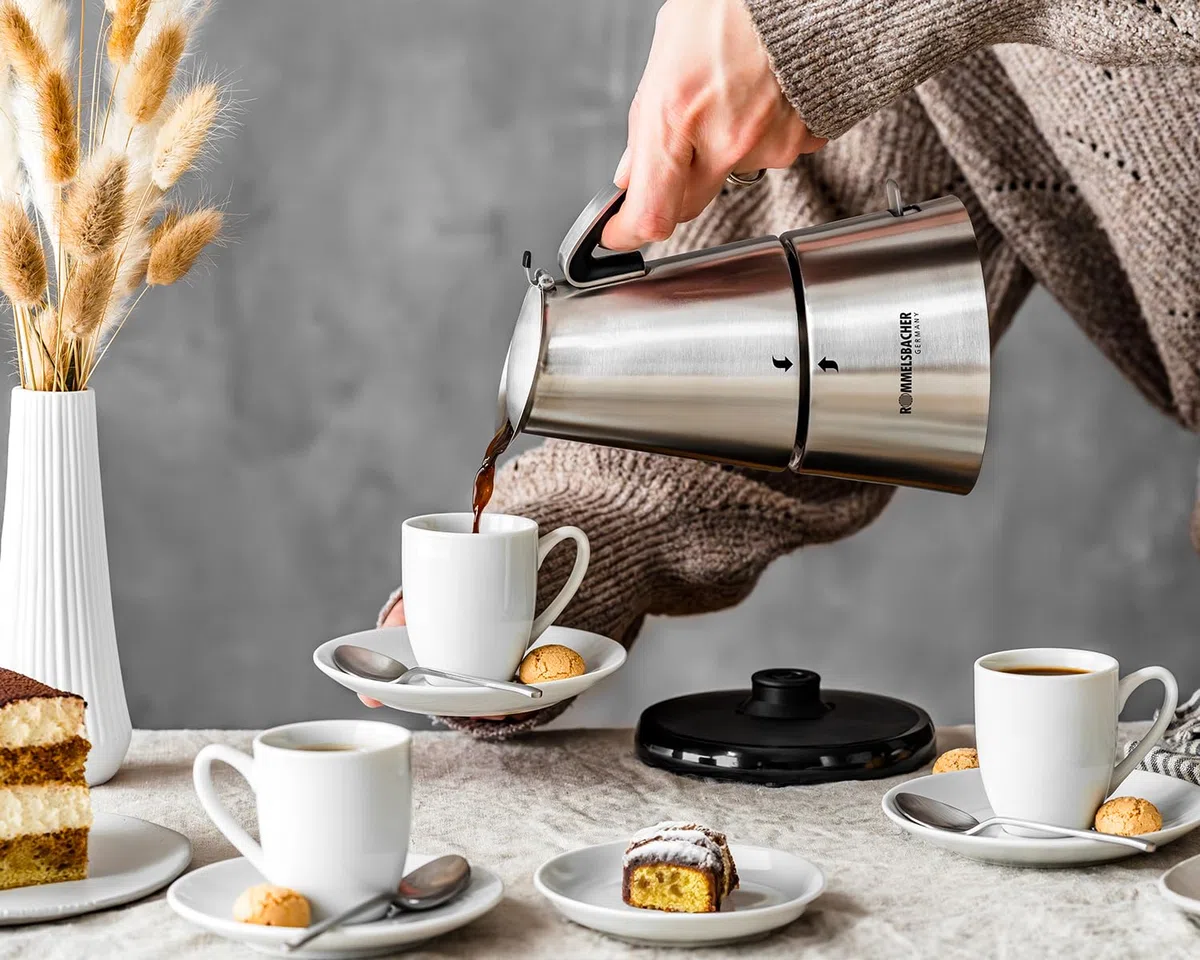 Rommelsbacher Espresso Kocher EKO 364/E, elektrisch, hochwertige Edelstahlkanne, Filtereinsatz für 2 oder 4 Tassen, verdecktes Heizelement, 360° Zentralsockel, automatische Abschaltung, 365 W