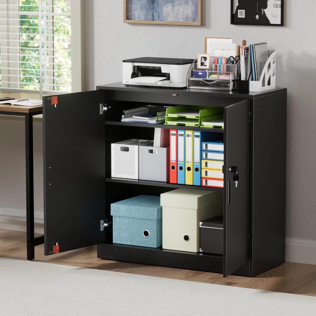 Aktenschrank, Büroschrank Abschließbarer Schrank mit Einlegeböden, Mehrzweckschrank Höhenverstellbar Aufbewahrungsschrank Aktenschränke für Büro, Homeoffice, Wohnzimmer, Schwarz