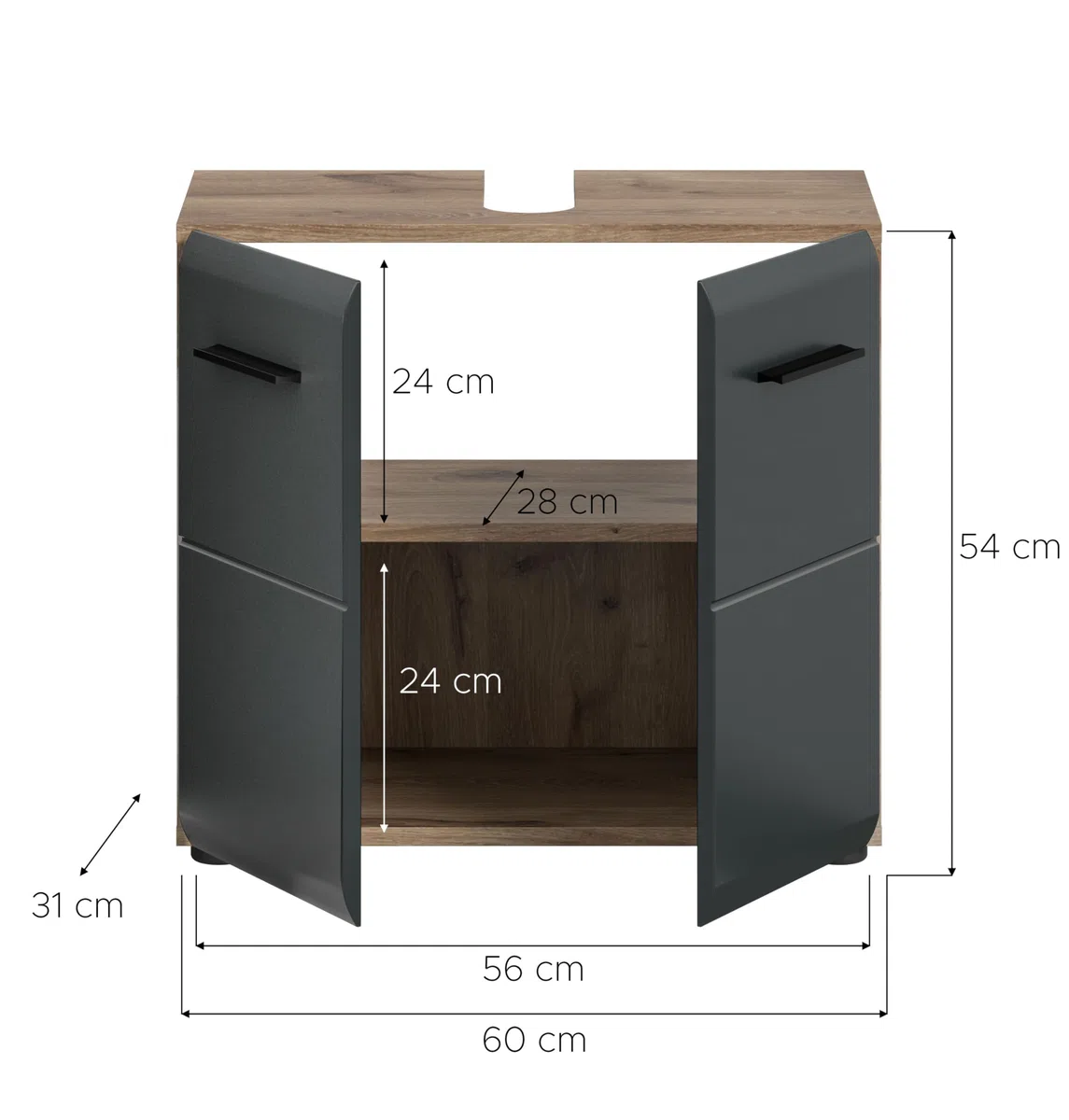 xonox.home – Waschbeckenunterschrank Ice 60x54x30 cm in Korpus Nox Oak Nachbildung und Front schwarz matt – Stilvoller Unterschrank für Waschbecken – elegant & kompakt