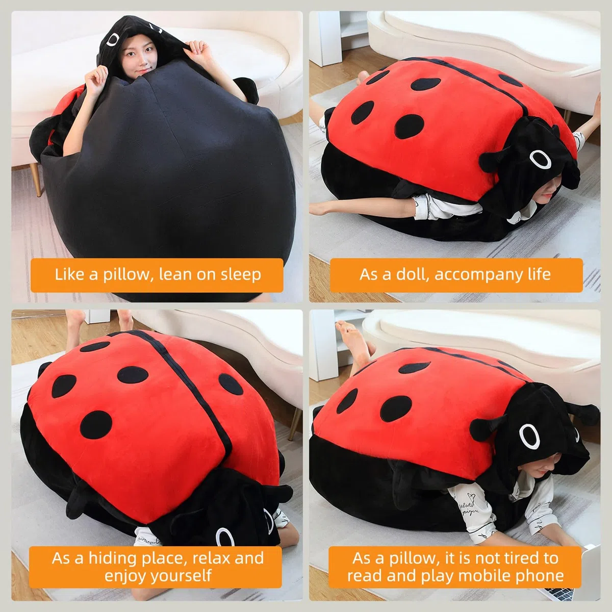 Ejoyous Tragbares Marienkäfer-Kissen, Riesige Tragbare Decke aus Weichem Plüsch mit Marienkäfer-Kostüm, übergroß 60 cm 100 cm für Kinder und Erwachsene, Stresslinderung, Kuscheln, (60cm)