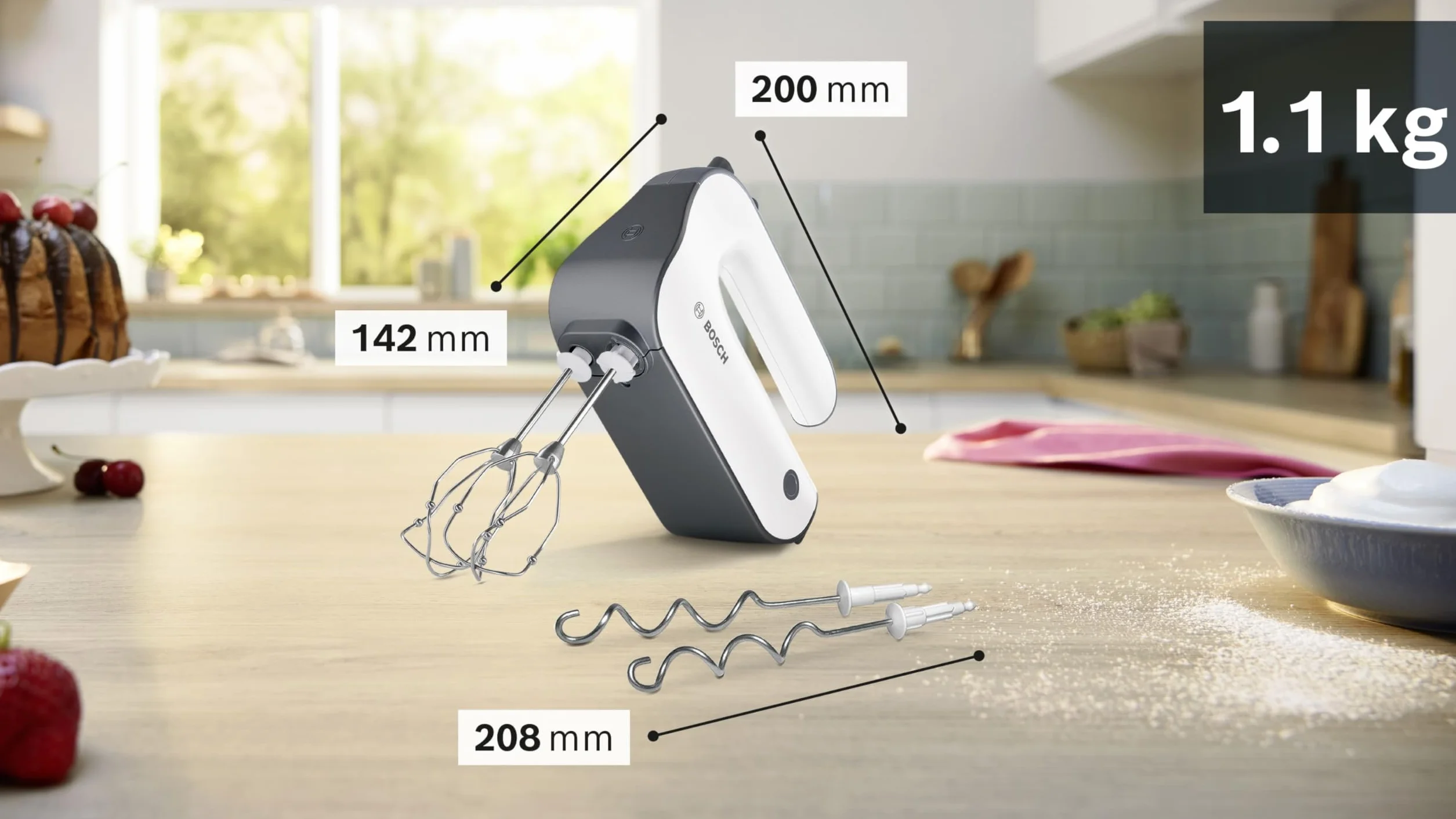 Bosch Handrührer Styline MFQ49300, 5 Stufen, 2 Edelstahl Rührbesen- und Knethaken, Spiralkabel, 850 W, weiß/dark silver