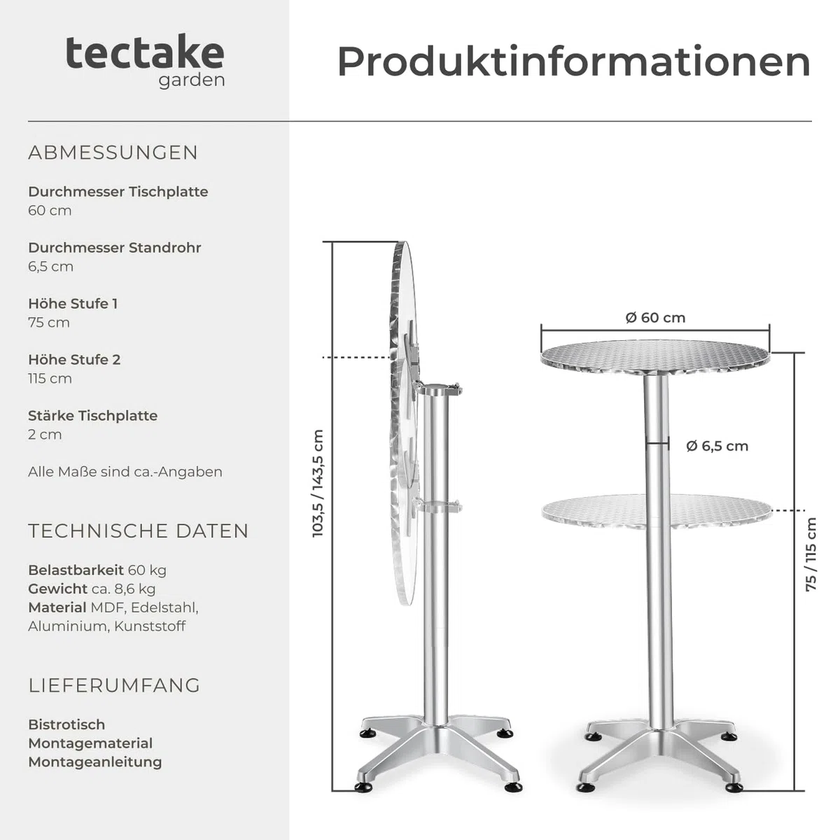 tectake® 2in1 Stehtisch klappbar Ø 60cm, Bistrotisch, Balkontisch klappbar, Bartisch aus Aluminium, höhenverstellbarer Tisch 75cm / 115cm, Partytisch