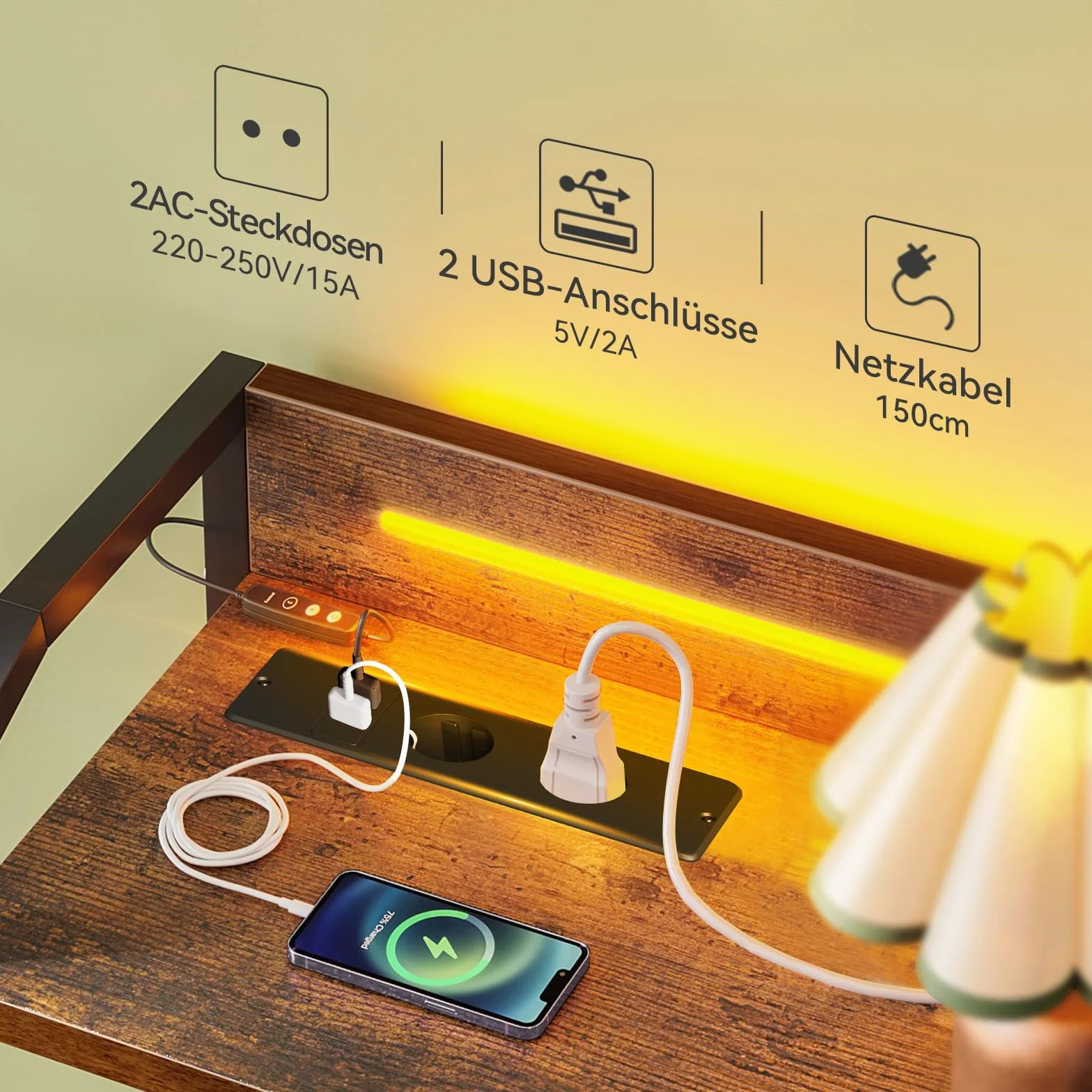 ODK Kommode mit Schubladen, Schubladenschrank mit LED-Lichtstreifen mit 10 Einstellbaren Farben und 2 USB- und 2 AC-Steckdosen, 8 Stoffschubladen, Wohnzimmer Schlafzimmer Kommode, 110*30*88cm Vintage
