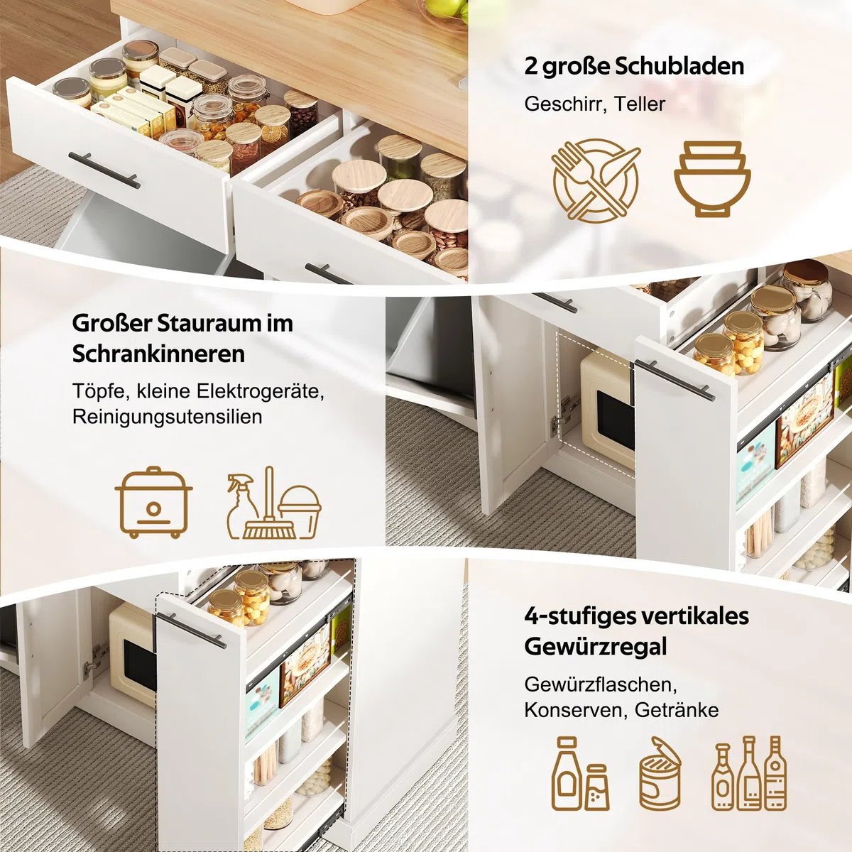Merax Kücheninsel Freistehend mit Mülleimer, Küchenwagen mit Rollen, Küchenschrank mit Klappbarer Arbeitsplatte, 4 Gewürzregal, 2 Schubladen, Mülleimer Schrank für Küche, 120x70x93,5cm, Weiß