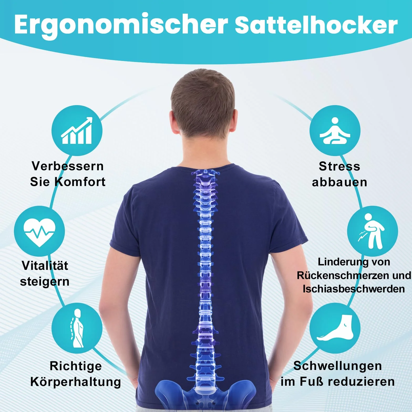 Sattelhocker Ergonomisch - Bequemer Sattelstuhl mit einem breiten Sattelsitzkissen, drehbarer, verstellbarer Sattelhocker mit Rollen und Ringpedal für Medizin,Massage, Salon,Büro und Zuhause (Schwarz)
