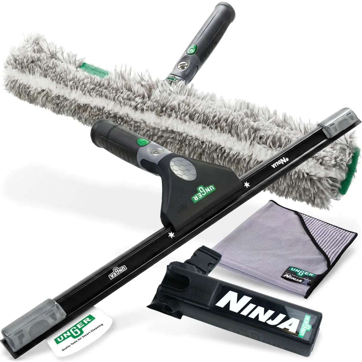 UNGER Ninja Profi Fensterreiniger 4in1 Advanced Kit – Premium Fensterputzer Set mit Profi Fensterabzieher, Fensterwischer, Mikrofasertuch und Bucket-on-a-Belt für professionelle Glasreinigung