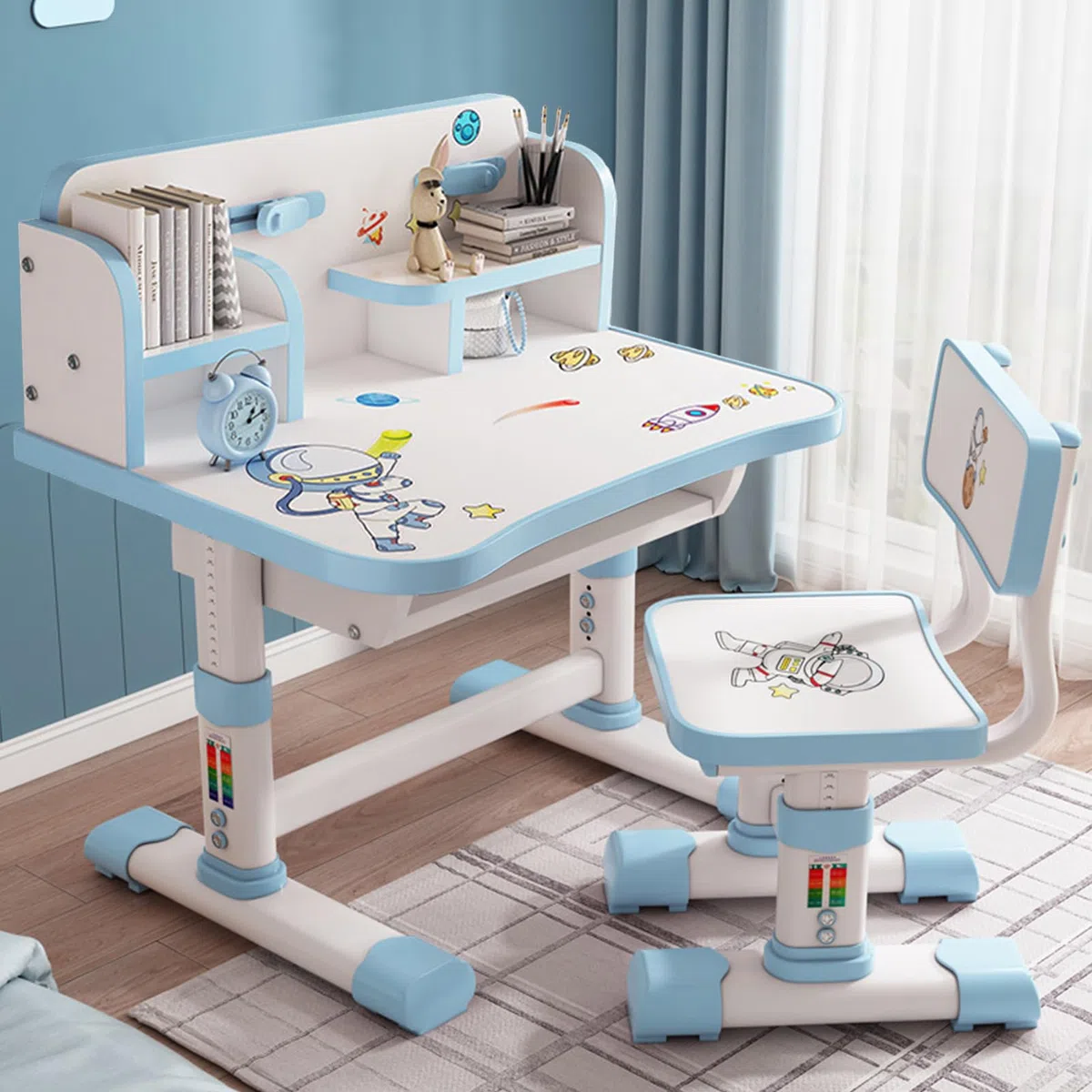 kinderschreibtisch, kinderschreibtisch höhenverstellbar, schreibtisch kinder Mit Motiven aus Zeichentrickfilmen, kinder schreibtisch Mit Inklusive Schreibtafel und Bücherregal für 3-18 jahren (Blau B)