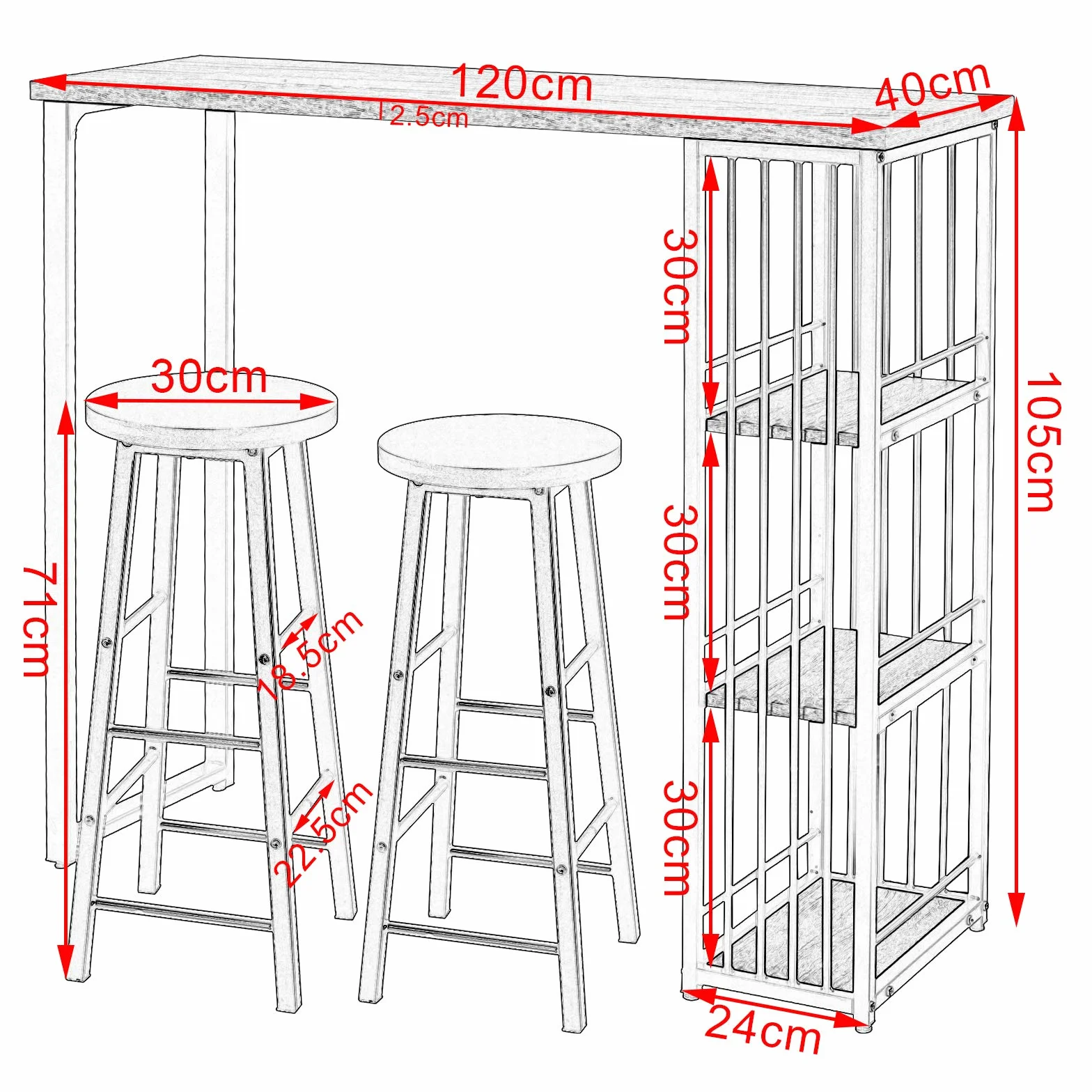 WOLTU 1x Bartisch + 2X Barhocker Stehtisch Bistrotisch Bartheke Tresentisch, mit 3 Ablagefläche, Metallgestell, MDF, 120x40x105cm(BxTxH)