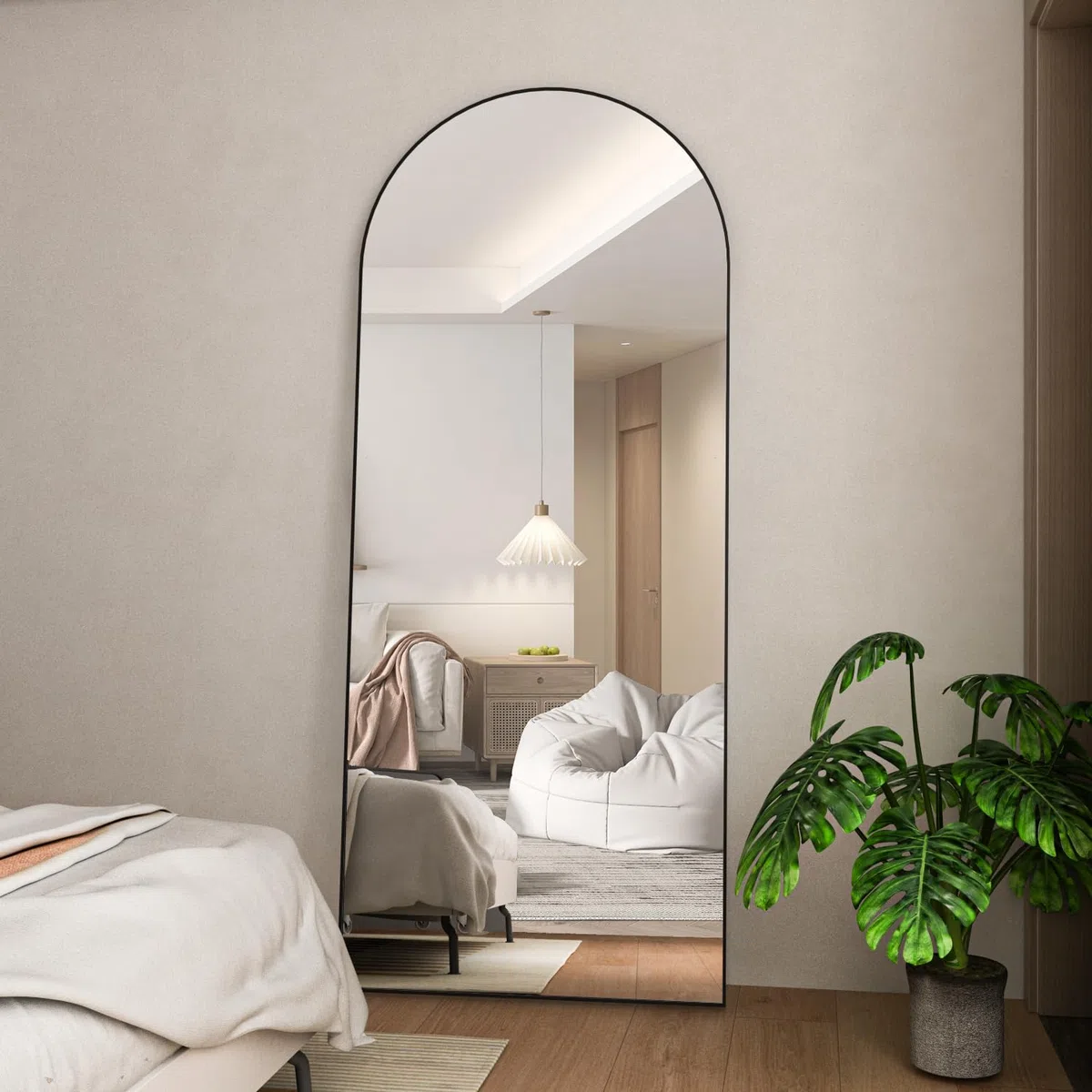 Ganzkörperspiegel, 165X60cm gewölbter Bodenspiegel mit Ständer hängend oder lehnend an die Wand stehender Großer Schlafzimmer für Garderobe (Schwarz)