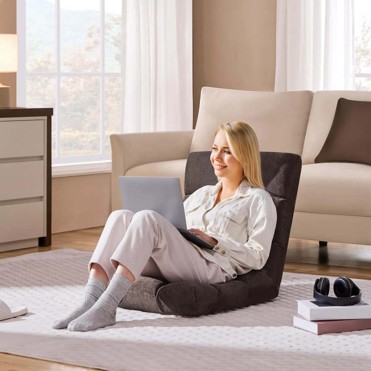 Yaheetech Bodensessel, faltbar, Tatami, Bodenstuhl, Rückenlehne, faltbar, für Haus, Büro, Braun