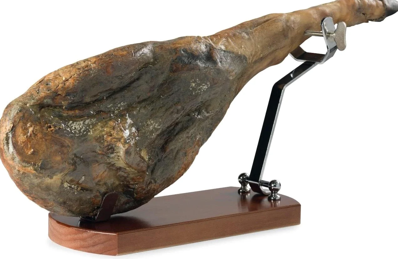 Jamonprive Schinkenhalter zusammenklappbar nussbaumfarben mit Anti-Rutsch-Füßen + Messer + Wetzstahl + Schinkenabdeckung + Küchentuch + Pinzette Ideal für Serrano, Iberico und Prosciutto