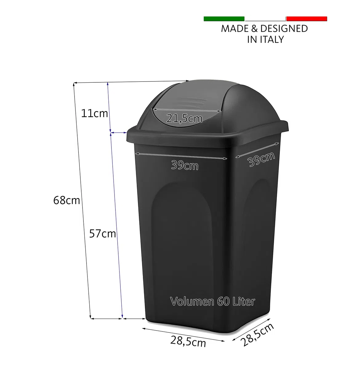 BigDean Mülleimer 60L schwarz Schwingdeckel rot Kunststoff Made in Italy