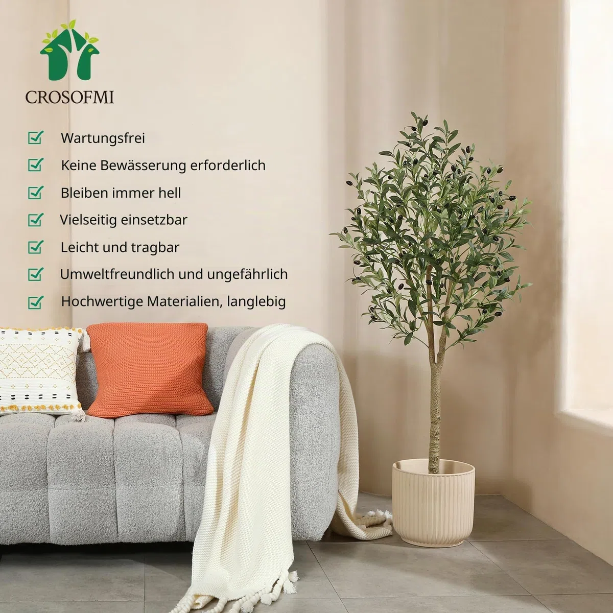 CROSOFMI Künstliche Olivenbaum Pflanzen 150cm Fake Tropische Plastik Pflanze Perfekte Große Pflanzen im Topf für Indoor Outdoor Haus Büro Garten Moderne Dekoration Housewarming Geschenk