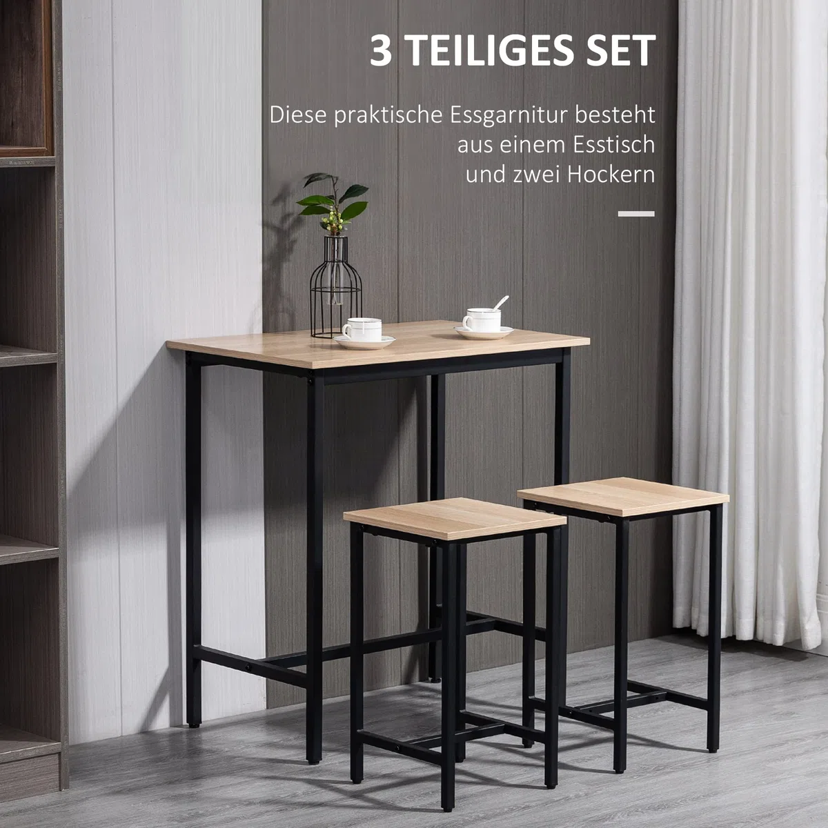 HOMCOM 3-teilig Esszimmergruppe Bartisch mit 2 Stühlen Essgruppe Esstisch Set Bartisch Set für Küche Esszimmer Bistro Industrie-Design Spanplatte Stahlrahmen Naturholz+Schwarz 80 x 50 x 85 cm