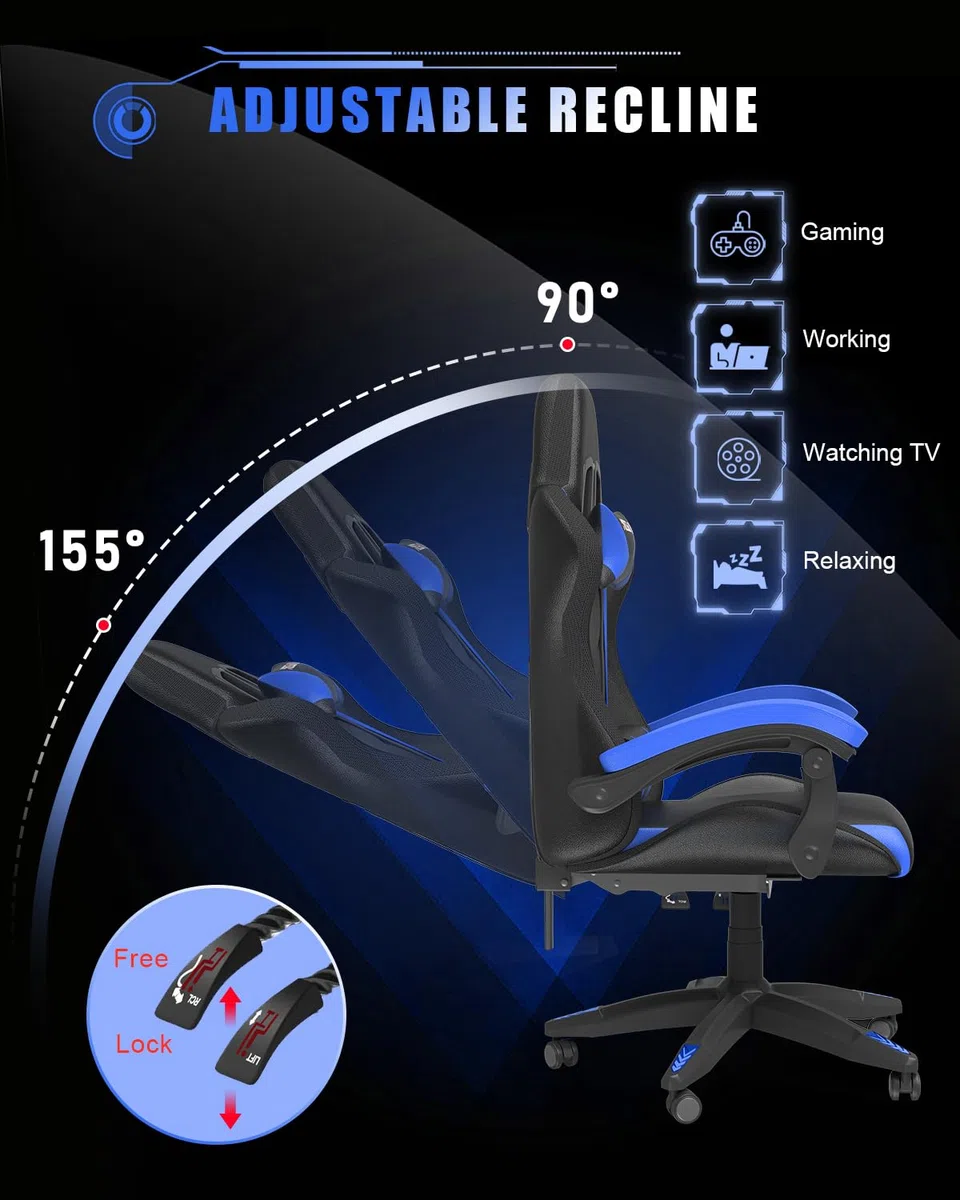 bigzzia Gaming Stuhl mit LED - Gaming Sessel Ergonomischer PC Stuhl mit Kopfstütze, Gamer Stuhl RGB Licht Beleuchtung Computerstuhl, Gamer Chair für Jugendliche und Erwachsene, Schwarz-blau