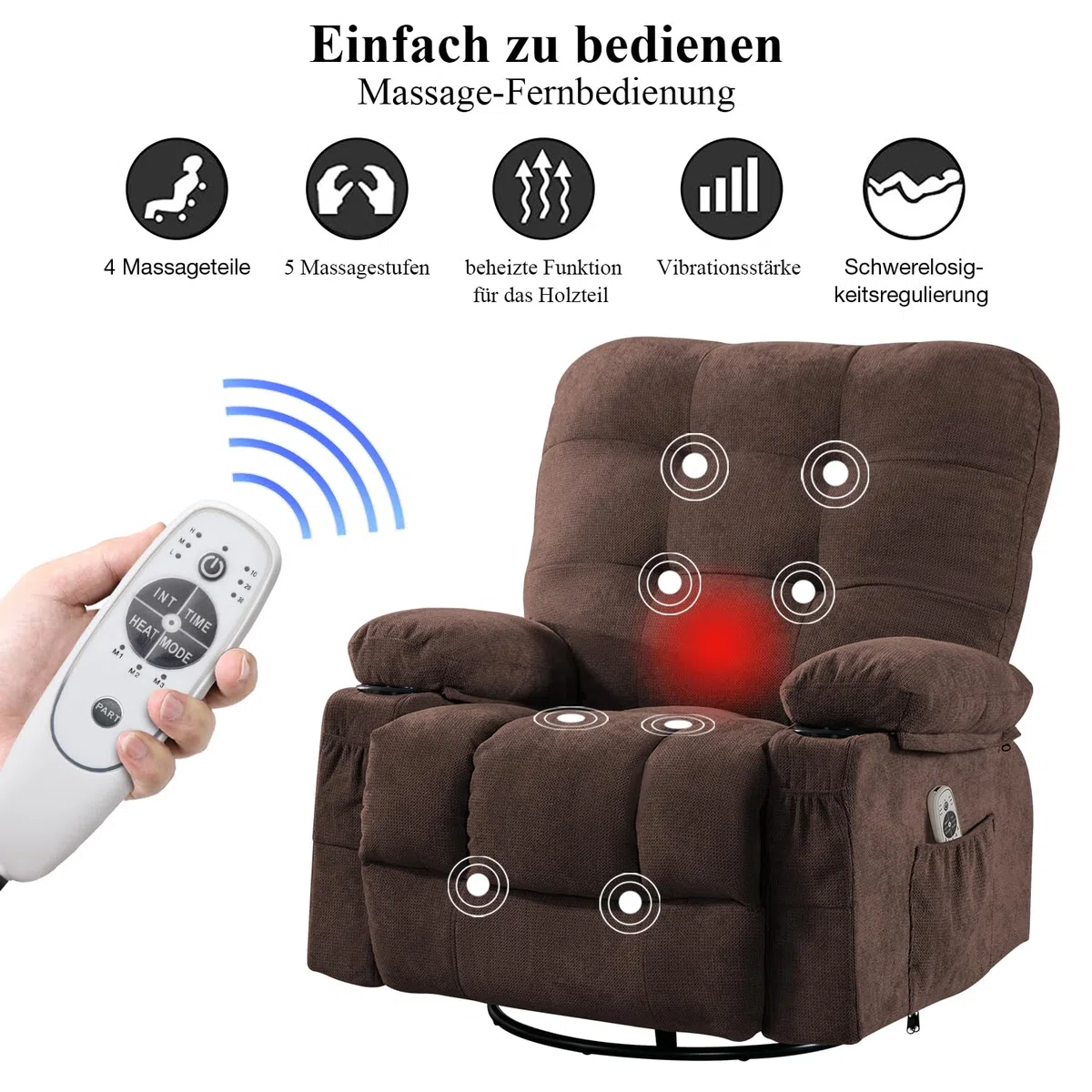 Bosmiller Relaxsessel mit Liegefunktion Elektrisch Fernsehsessel Oversize 360° Drehbarer Liegesessel mit Wärmefunktion Heizung Verstellbar Sessel Stoff TV-Sessel für Wohnzimmer, Braun