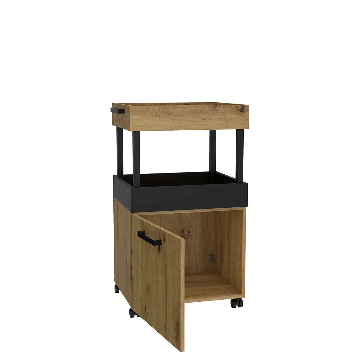 FORTE HOME BAR Barschrank mit Rollen und 1 Tür, Holzwerkstoff, Artisan Eiche / Schwarz matt, 50.2 x 88.5 x 41 cm