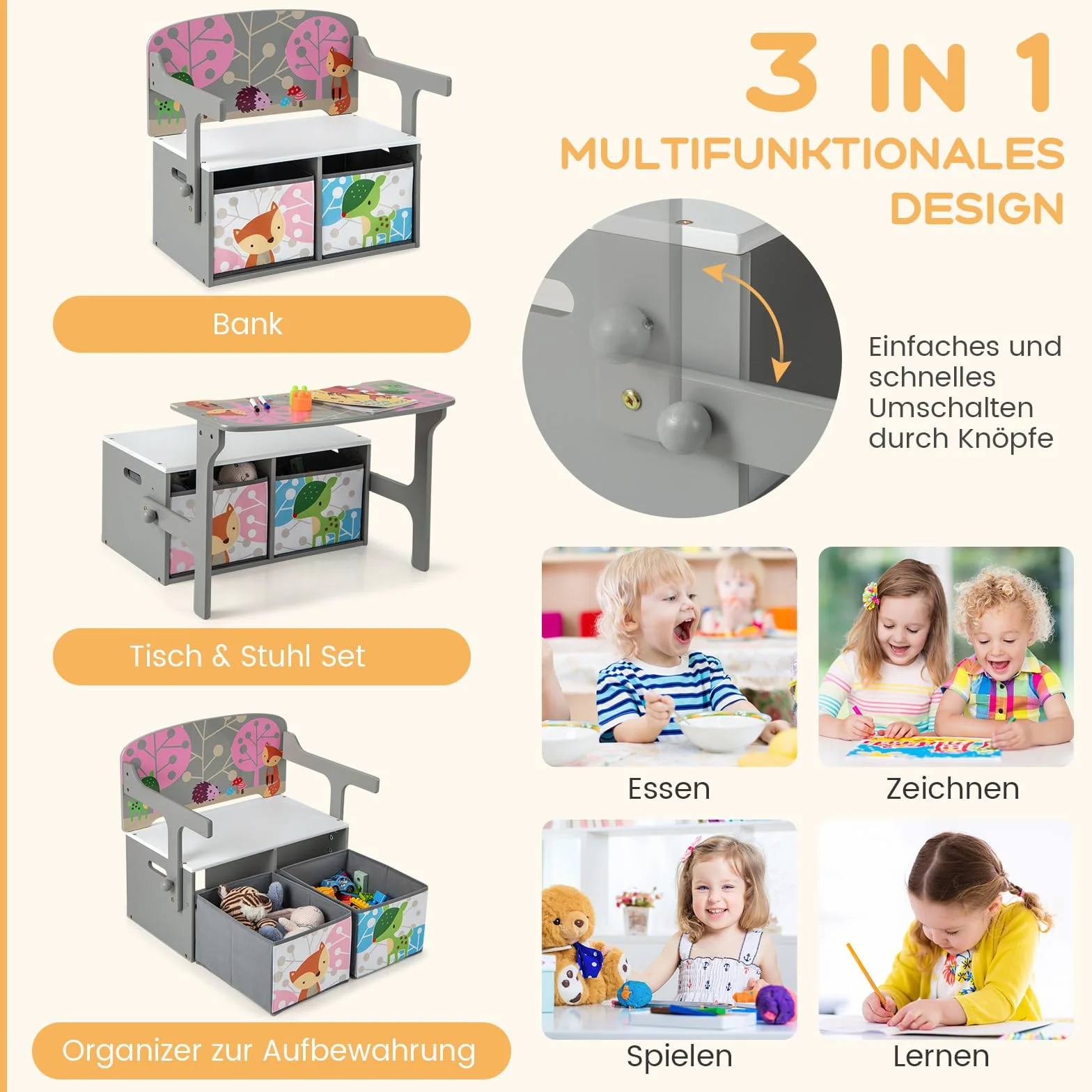COSTWAY 3-IN-1 Kindertisch mit Sitzbank, Kindersitzgruppe mit 2 abnehmbaren Körben, Kindersitzbank mit stauraum, Spielzeugtruhe mit Rückenlehne, Sitztruhe Truhenbank für Kinderzimmer (Grau)