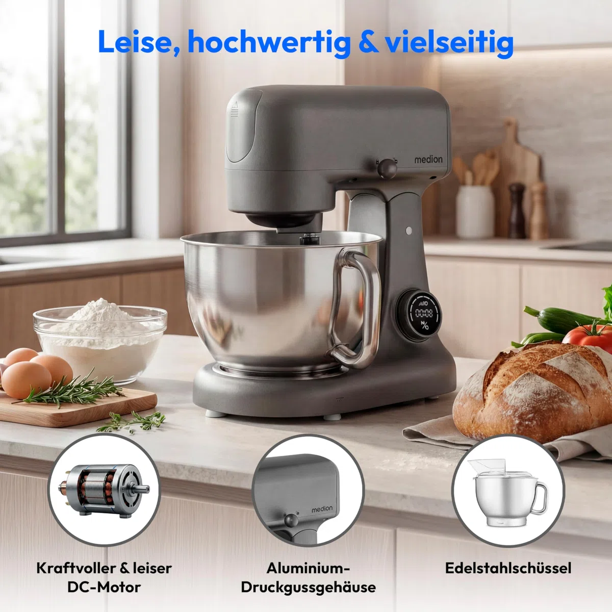 MEDION Küchenmaschine (Fleischwolf, 4,6 Liter Edelstahlschüssel, leiser Gleichstrommotor, 800 Watt, Reiben Raspeln Schneiden, Digitales Sensor Touch Display, Knetmaschine, Teigmaschine, MD12600) titan
