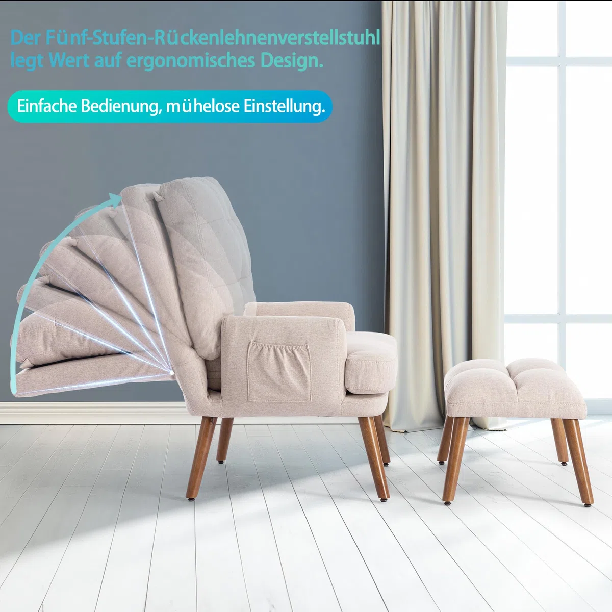 Merax Relaxsessel mit 10-stufig Liegefunktion, Bequemer Sessel mit Hocker, Fernsehsessel mit Seitentaschen, Beige
