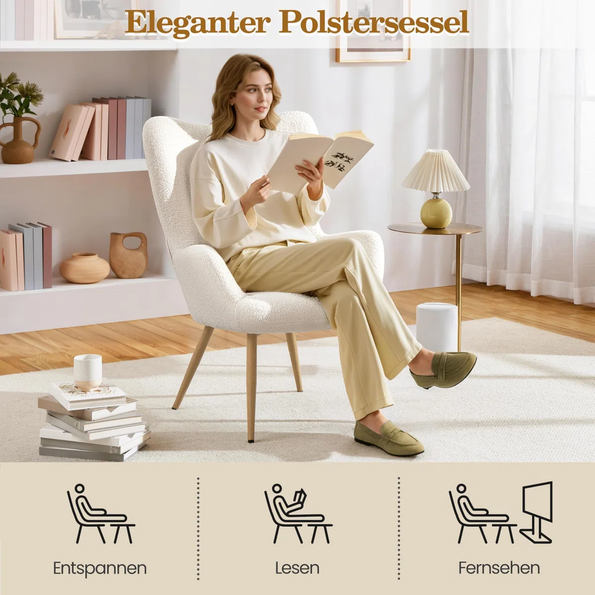 Yaheetech Ohrensessel eleganter Armsessel Polsterstuhl mit klappbare Rückenlehne Lehnsessel bis 136 kg belastbar Sessel fürs Wohnzimmer/Schlafzimmer Elfenbein