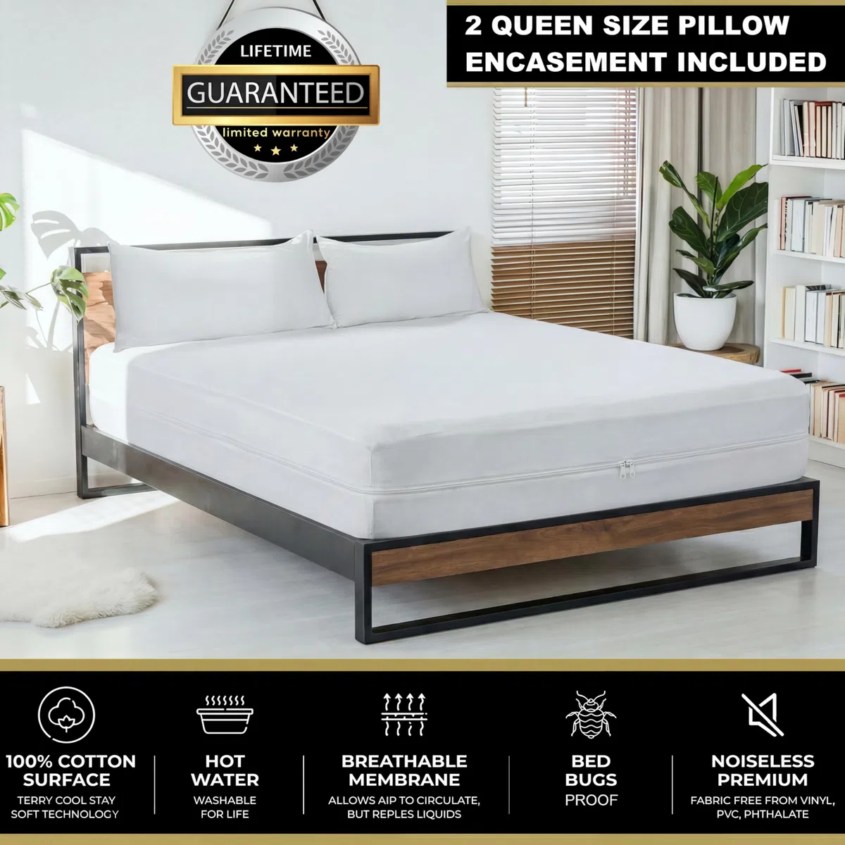 MATTSHIELD Ultimatives 3-teiliges Set – Bettwanzensicherer Matratzenbezug, Queen-Size-Größe, 100% Baumwolle + 2 Kissenschoner mit Reißverschluss – 6-seitige wasserdichte Abdeckung, Beste