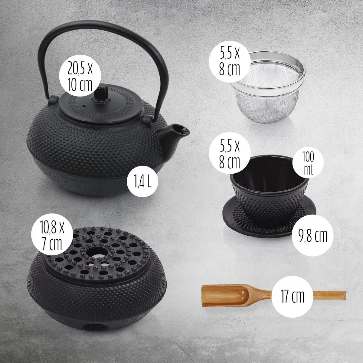 Lumaland Tee Set 12-teilig | 1,4 Liter Gusseiserne Teekanne Tetsubin | Stövchen aus Gusseisen | 4 Teebecher & 4 Untersetzer | Japanisches Teeset Inkl. Bambus Dosierlöffel & Edelstahl Sieb