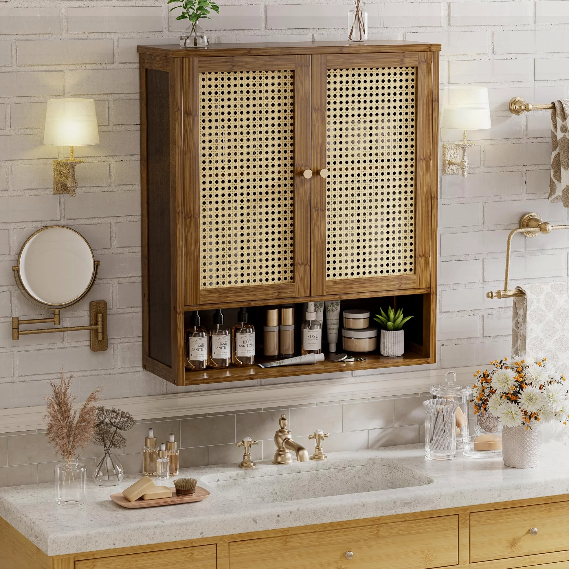 Badezimmer-Wandschrank, Bambus-Aufbewahrungsorganisator über der Toilette mit 2 Rattantüren und verstellbarem Regal, platzsparender Medikamentenschrank für Wäsche, Küche, Wohnzimmer (Walnuss)