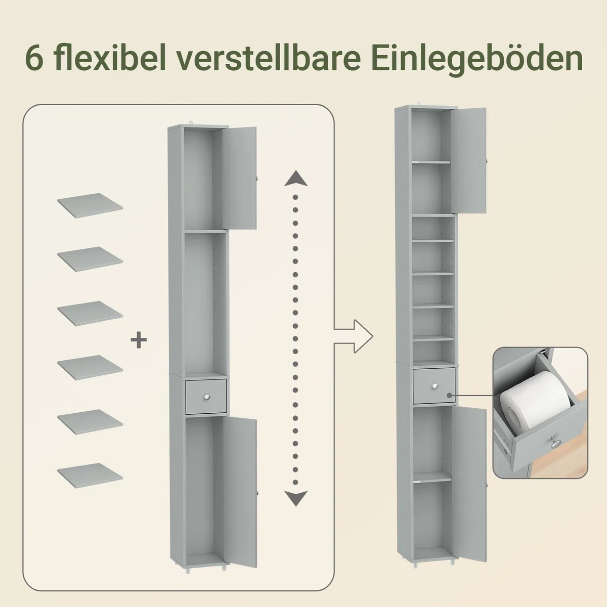 SoBuy Badezimmerschrank Hochschrank Schmal Badschrank für kleine Bäder mit verstellbaren Einlegeböden Platzsparender Badezimmer Schrank für Waschbecken, WC, Waschmaschine 20x20x180cm Grau BZR34-II-HG