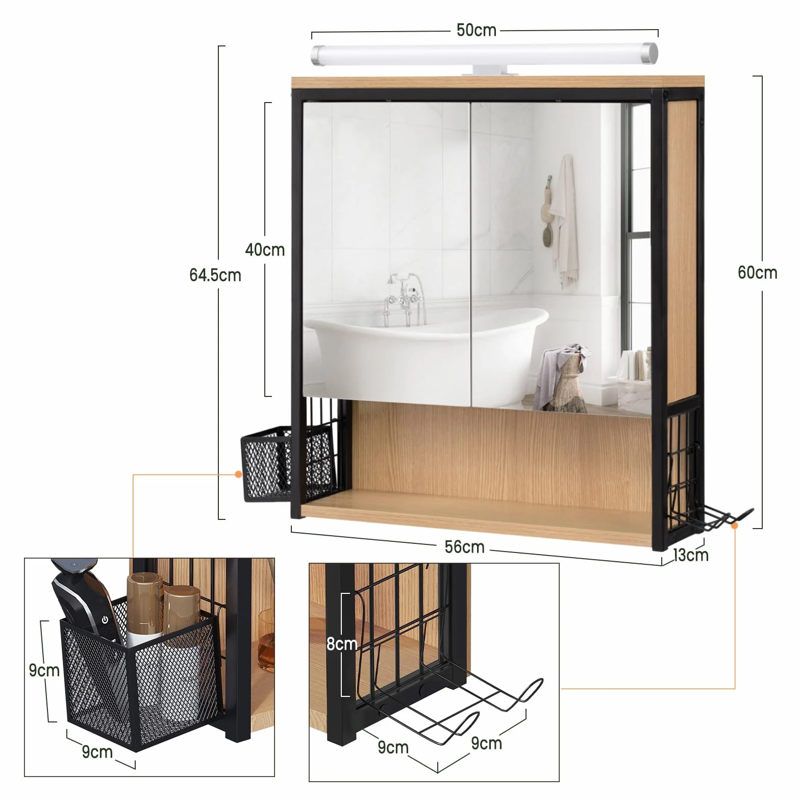 EUGAD Spiegelschrank Bad mit Beleuchtung, Badezimmerschrank mit Spiegel, Badschrank hängend, mit Verstellbarer Ablage Halter Korb, aus Metall MDF, schwarz + helle Eiche