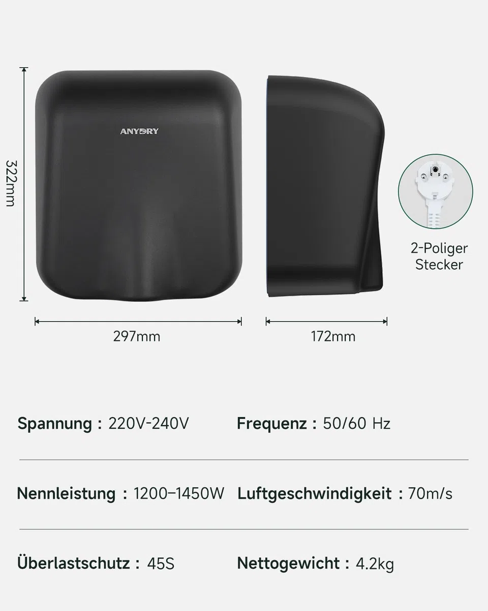 anydry IronStorm 2815 Gewerblicher Händetrockner mit HEPA-Filter 1600W Edelstahl gebürstet Matt Schwarz