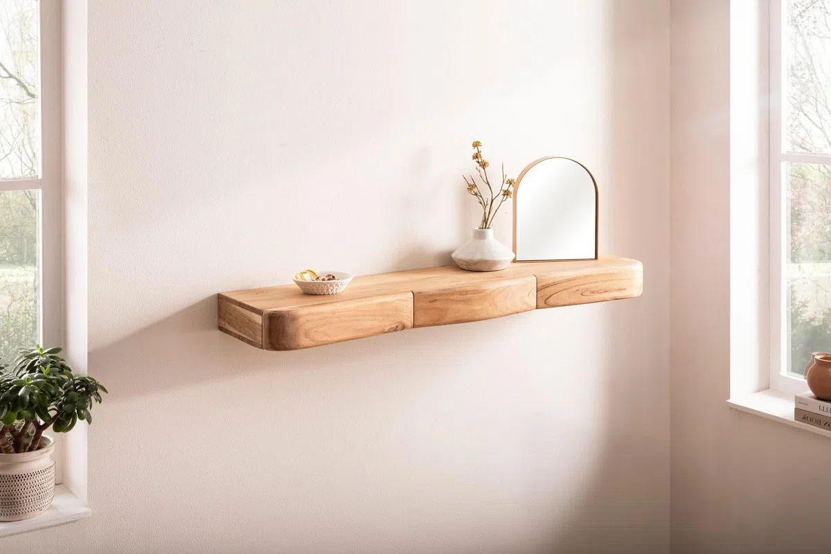 FineBuy Wandregal Akazie Massivholz 100cm mit DREI Schubladen - Design Regal für die Wand - Holz Wandboard mit Stauraum - Schwebendes Hängeregal aus Echtholz