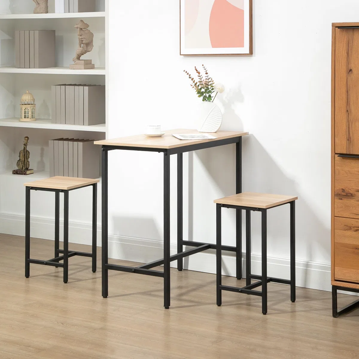 HOMCOM 3-teilig Esszimmergruppe Bartisch mit 2 Stühlen Essgruppe Esstisch Set Bartisch Set für Küche Esszimmer Bistro Industrie-Design Spanplatte Stahlrahmen Naturholz+Schwarz 80 x 50 x 85 cm