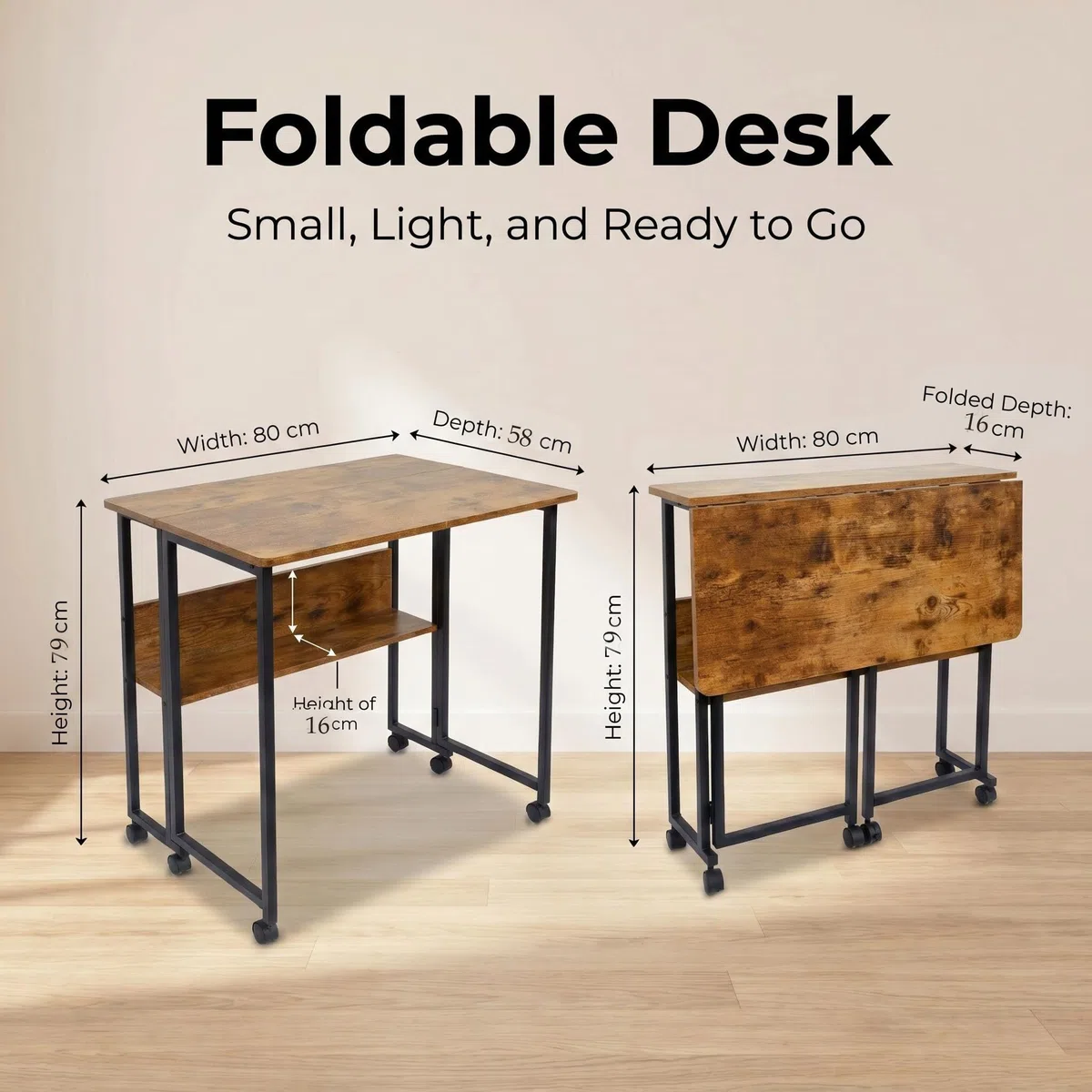 Fiutazge Schreibtisch klappbar, klappschreibtisch mit Rollen, Kleiner Klappbarer Computertisch mit Regal, Beistelltisch, Klapptisch für Home Office, Industrie-Design Dunkelbraun 80 x 58 x 75 cm