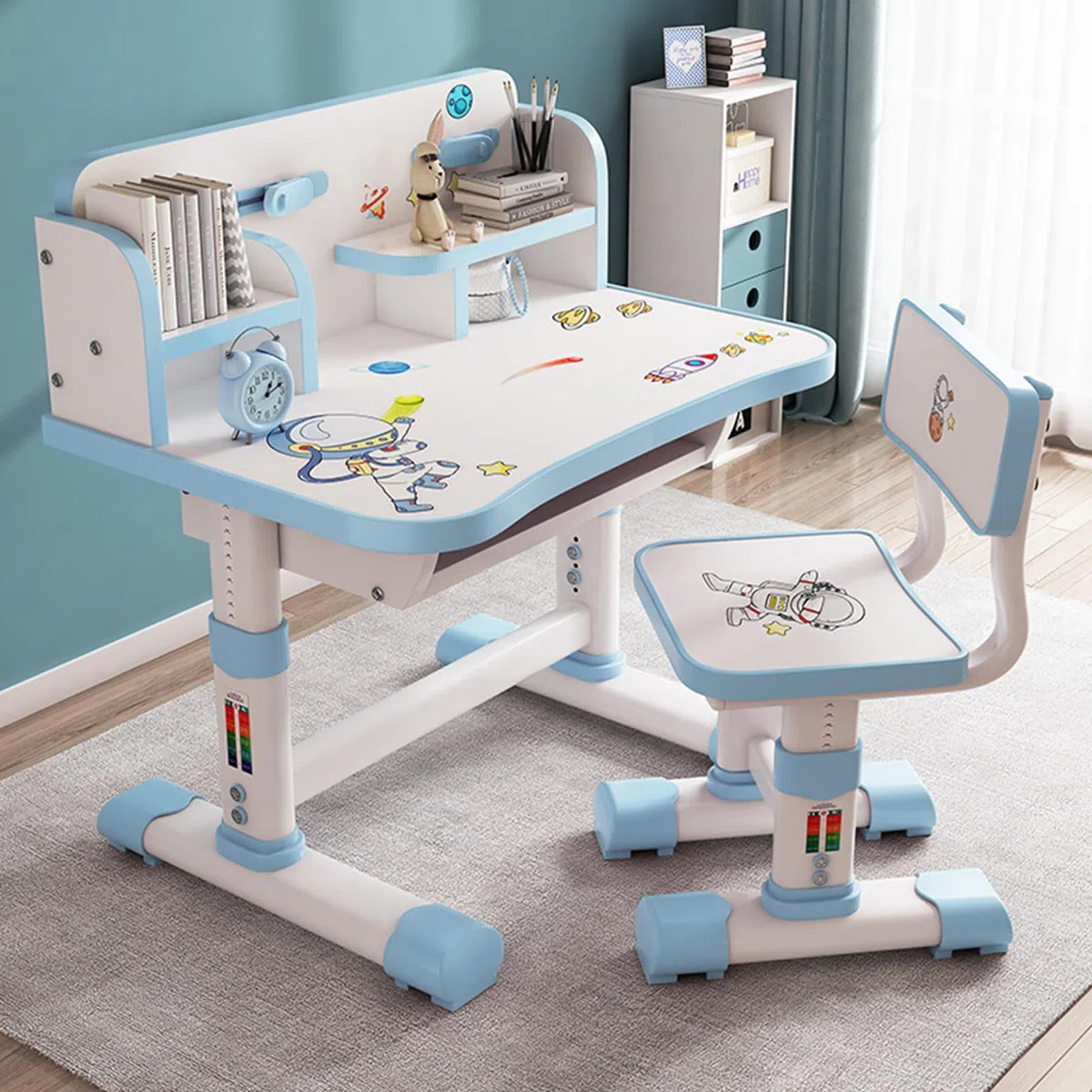 kinderschreibtisch, kinderschreibtisch höhenverstellbar, schreibtisch kinder Mit Motiven aus Zeichentrickfilmen, kinder schreibtisch Mit Inklusive Schreibtafel und Bücherregal für 3-18 jahren (Blau B)