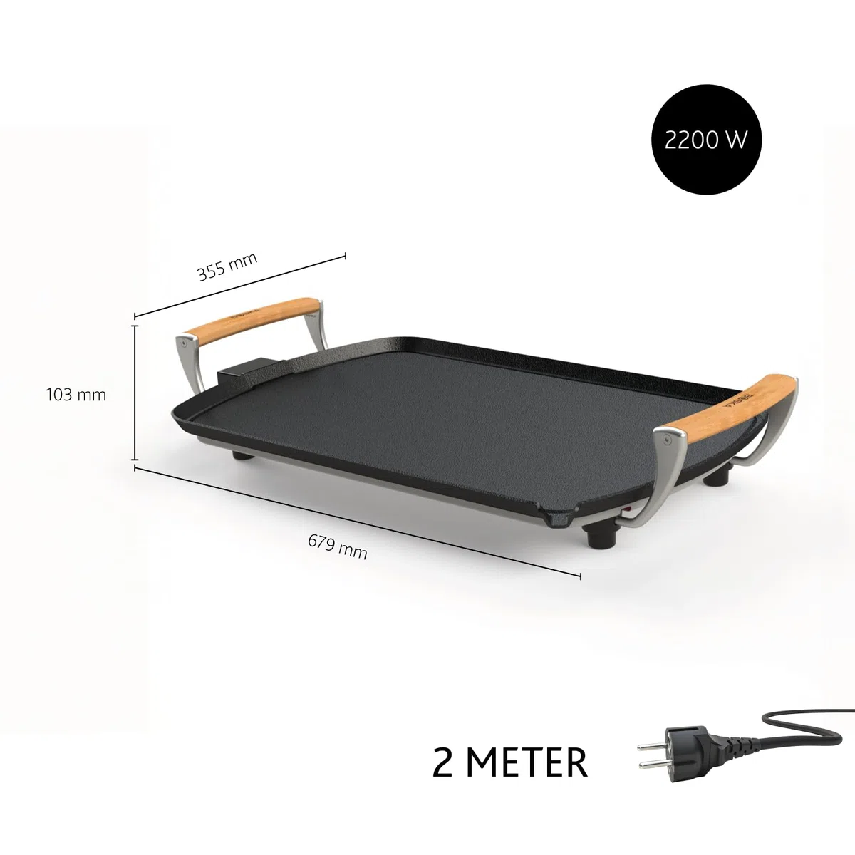 Boska Elektrische Grillplatte Pro – Tischgrills - Teppanyaki-Platte 35x56 cm – PFAS-freie Keramikbeschichtung – Temperaturregelung – Fettablauf – Griffe aus Eichenholz – Schwarz