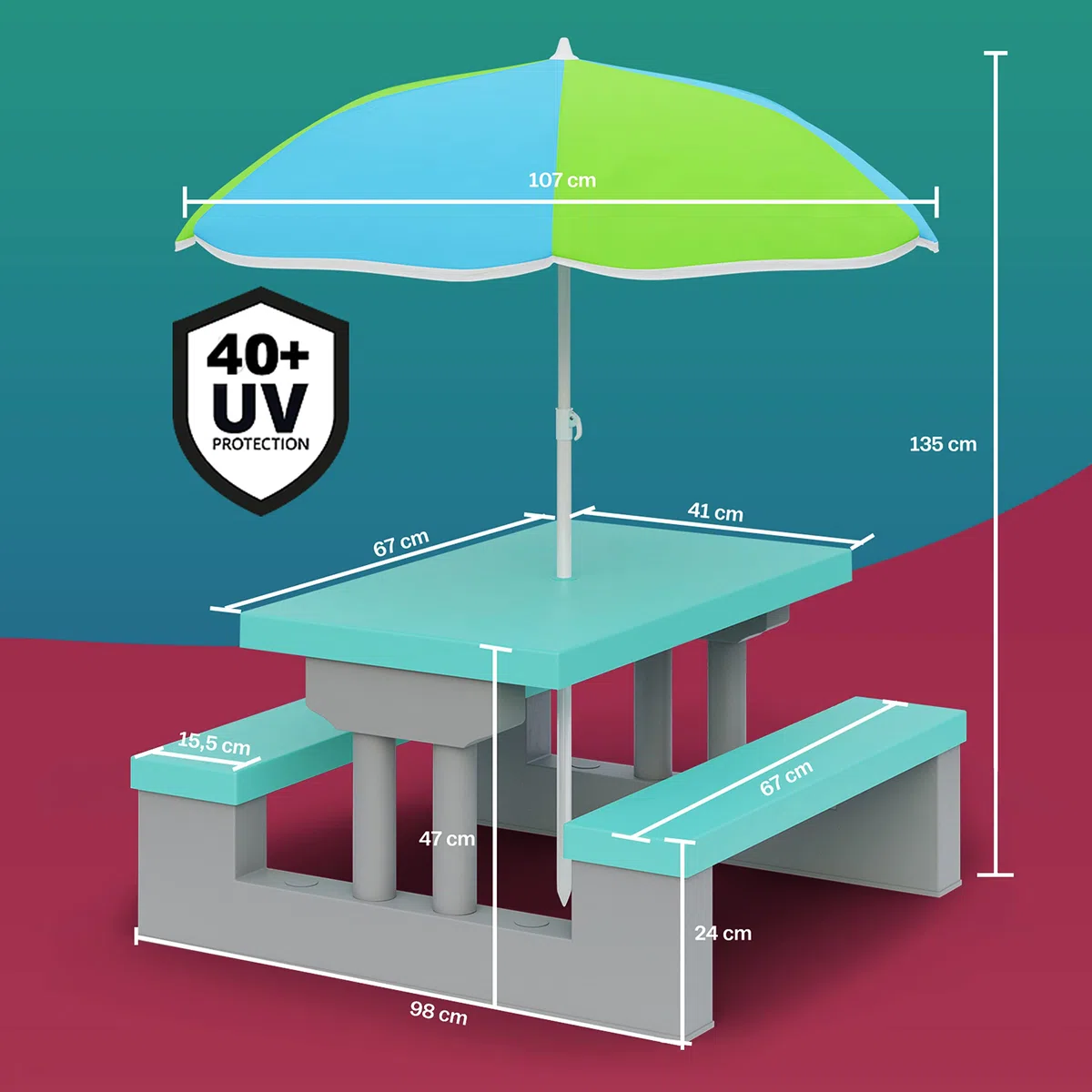 Spielwerk® Kindersitzgruppe Sonnenschirm UV Schutz Stecksystem Waschbar ABS Kunststoff Wetterfest Mint Outdoor Picknicktisch Kindertisch Gartenmöbel