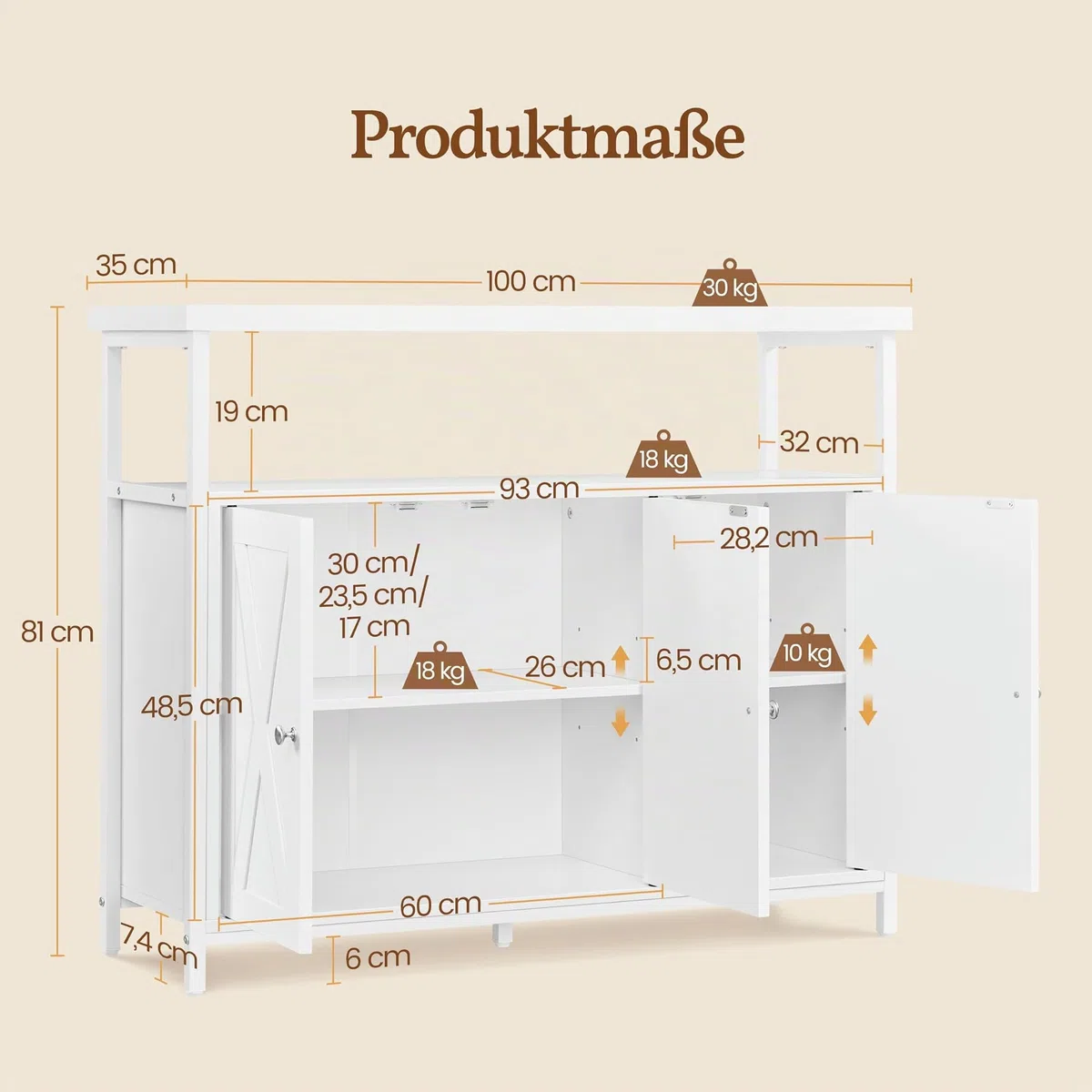 Yaheetech Sideboard, Küchenschrank mit 3 Türen und Offenen Regalen, Buffetschrank Aufbewahrungsschrank verstellbare Ablage 100 × 35 × 81 cm, Weiß