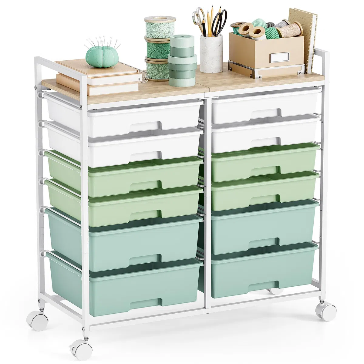 KINGRACK Rollcontainer mit 12 Schubladen und Holzarbeitsplatte, Schubladenschrank für Badezimmer, Küchen, Wohnzimmer und Büros (Grün)