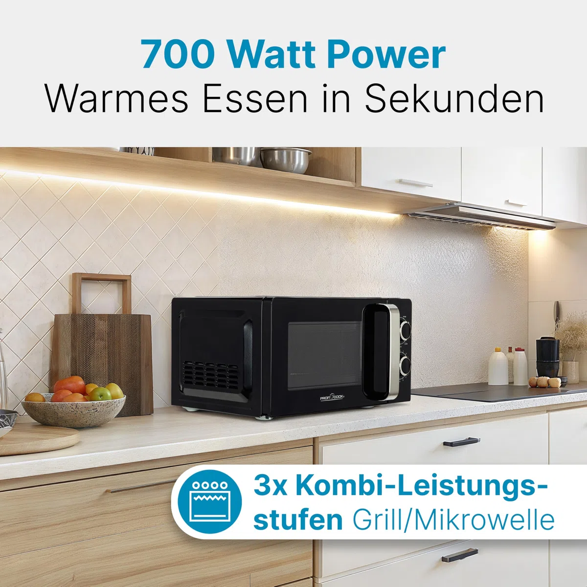 ProfiCook® Mikrowelle mit Grill | 900 Watt | 6 Stufen | 17 Liter Garraum | 360° Drehteller | Timer mit Endsignal | inkl. Grillrost | Microwelle | Microwellengerät | PC-MWG 1208 schwarz