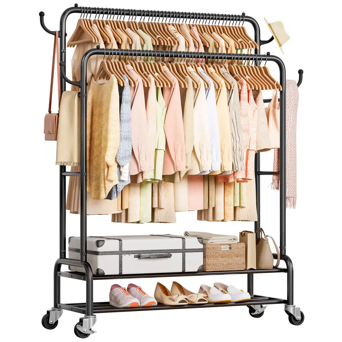 Yorbay Kleiderständer auf Rollen Garderobenständer aus Metall: 2 Kleiderstange 4 Haken 2 Lagen Staufächer bis 120 kg Belastbar - Stabil Clothes Rack für Schlafzimmer Ankleidezimmer
