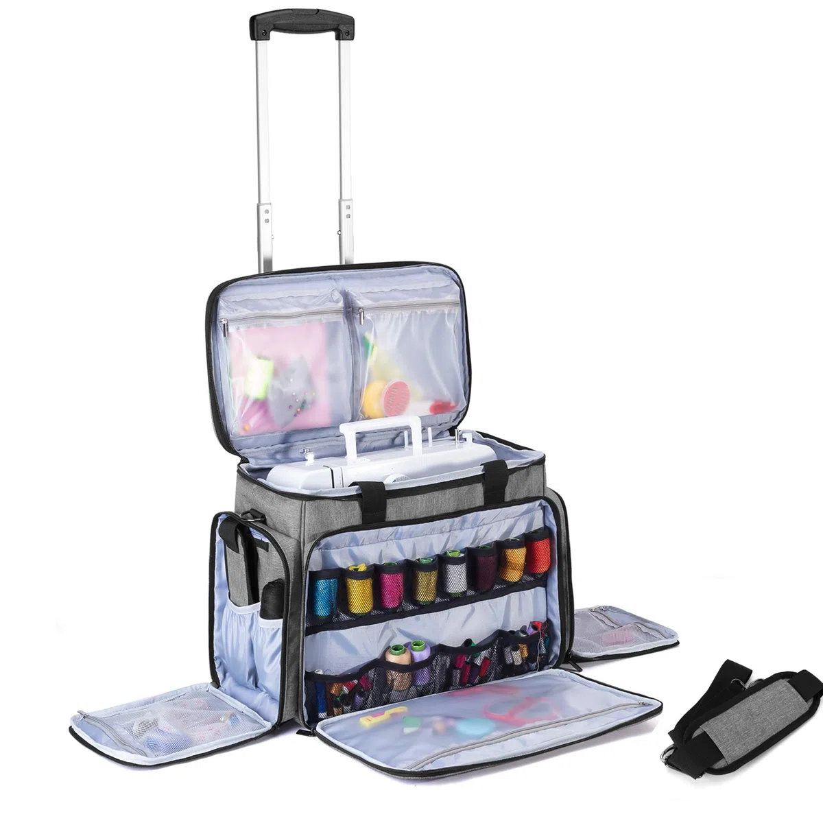 Luxja Nähmaschinentasche mit abnehmbarem Trolley, Rollende Nähmaschinentasche mit abnehmbarem Bodenpolster (passend für die meisten Standardnähmaschinen), Patentiertes Design, Grau